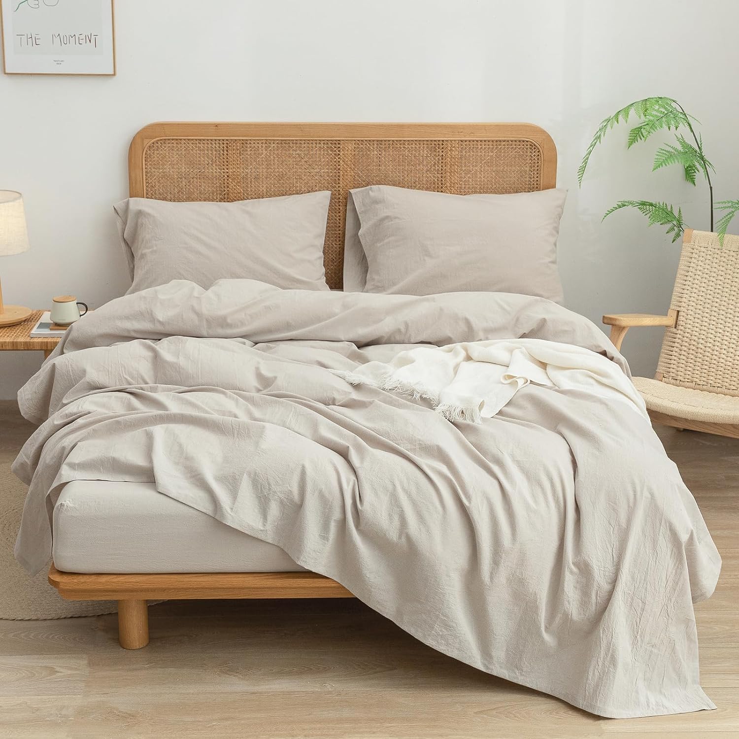 BESTOUCH Juego de sábanas 100% algodón lavado, tacto súper suave, cómodo, elegante, ligero, juego de ropa de cama de 4 piezas, lino sólido, gris,