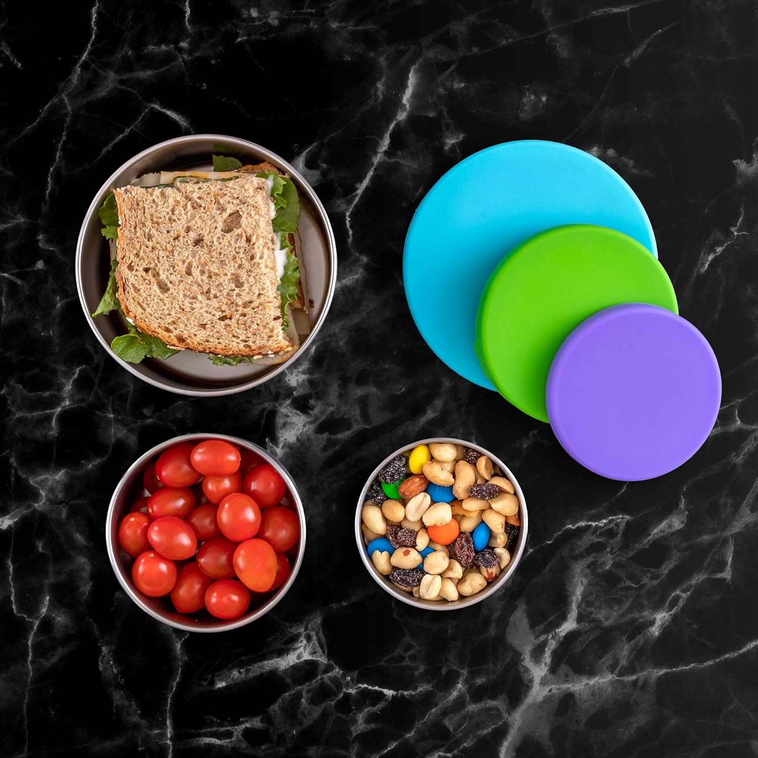 WeeSprout – Recipientes de acero inoxidable 188  Juego de 3 recipientes metálicos para alimentos (5.1, 6.8 y 13.5 onzas líquidas)  Tapas de silicona