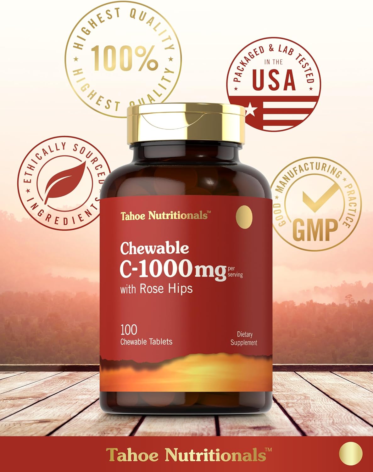 Carlyle Masticables de vitamina C  1000 mg  100 tabletas sabor naranja natural  Suplemento vegetariano, sin OMG y sin gluten  Tahoe Naturals