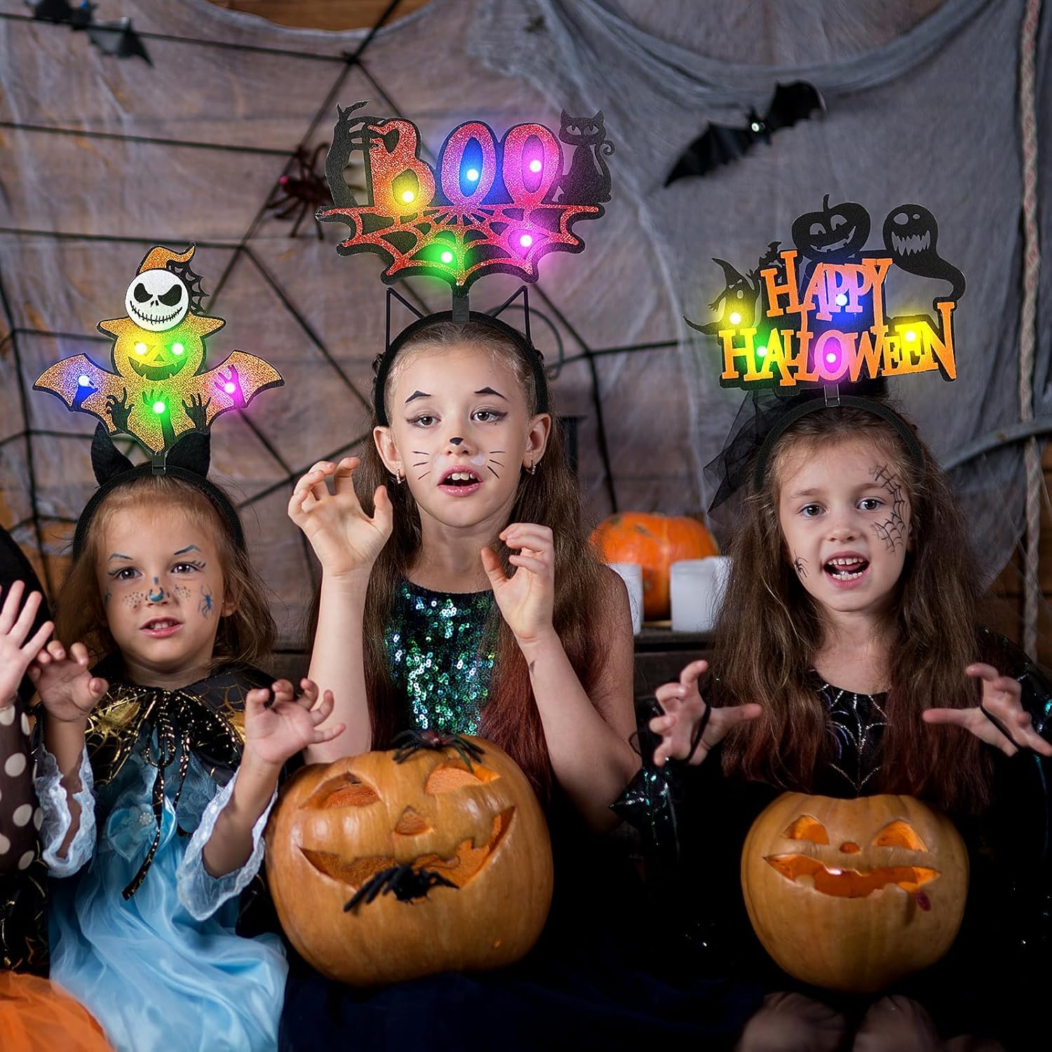 clothmile 4 diademas de Halloween iluminadas con luz LED de calabaza brillante y gato negro, telaraña, diadema LED de Halloween, fiesta, cumpleaños,