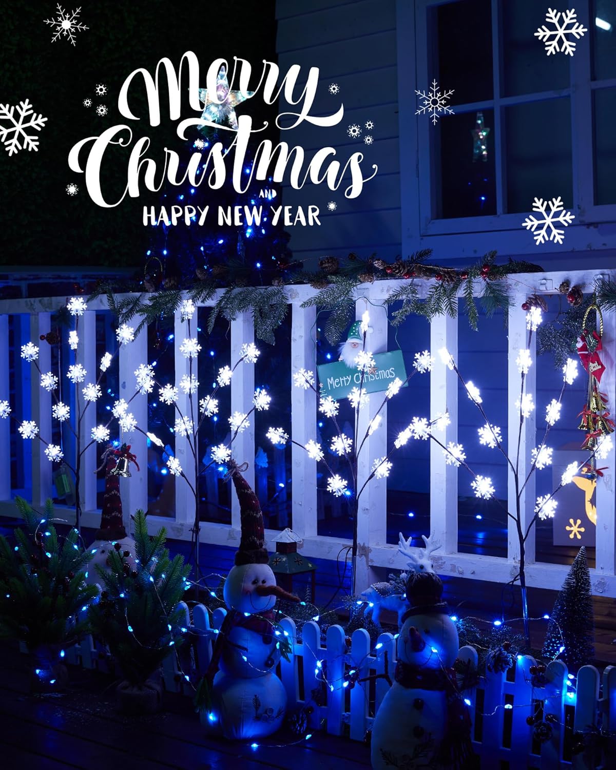Luces de copo de nieve para caminos al aire libre, 4 paquetes de ramas iluminadas, decoración de patio de Navidad, árbol de Navidad pequeño con