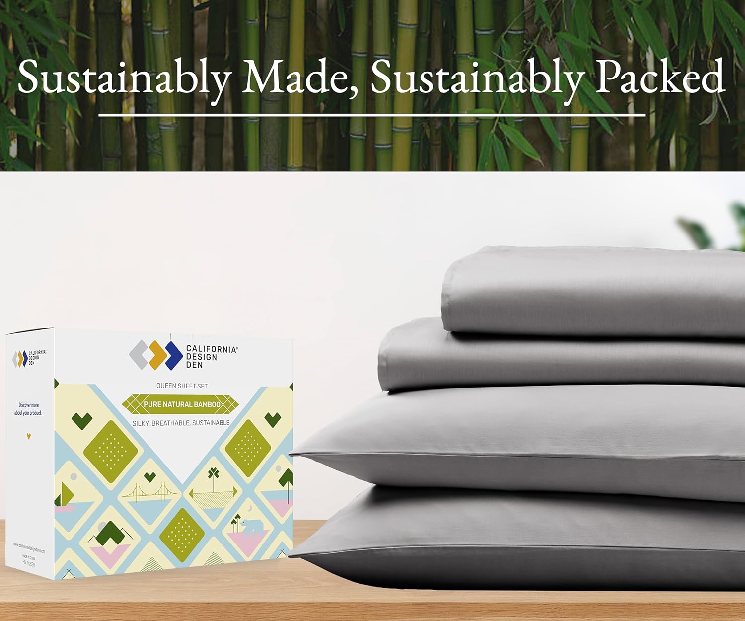 California Design Den Rayón de bambú – Juego de sábanas de 4 piezas, sábanas refrescantes de lujo, sábanas grises para cama de tamaño California