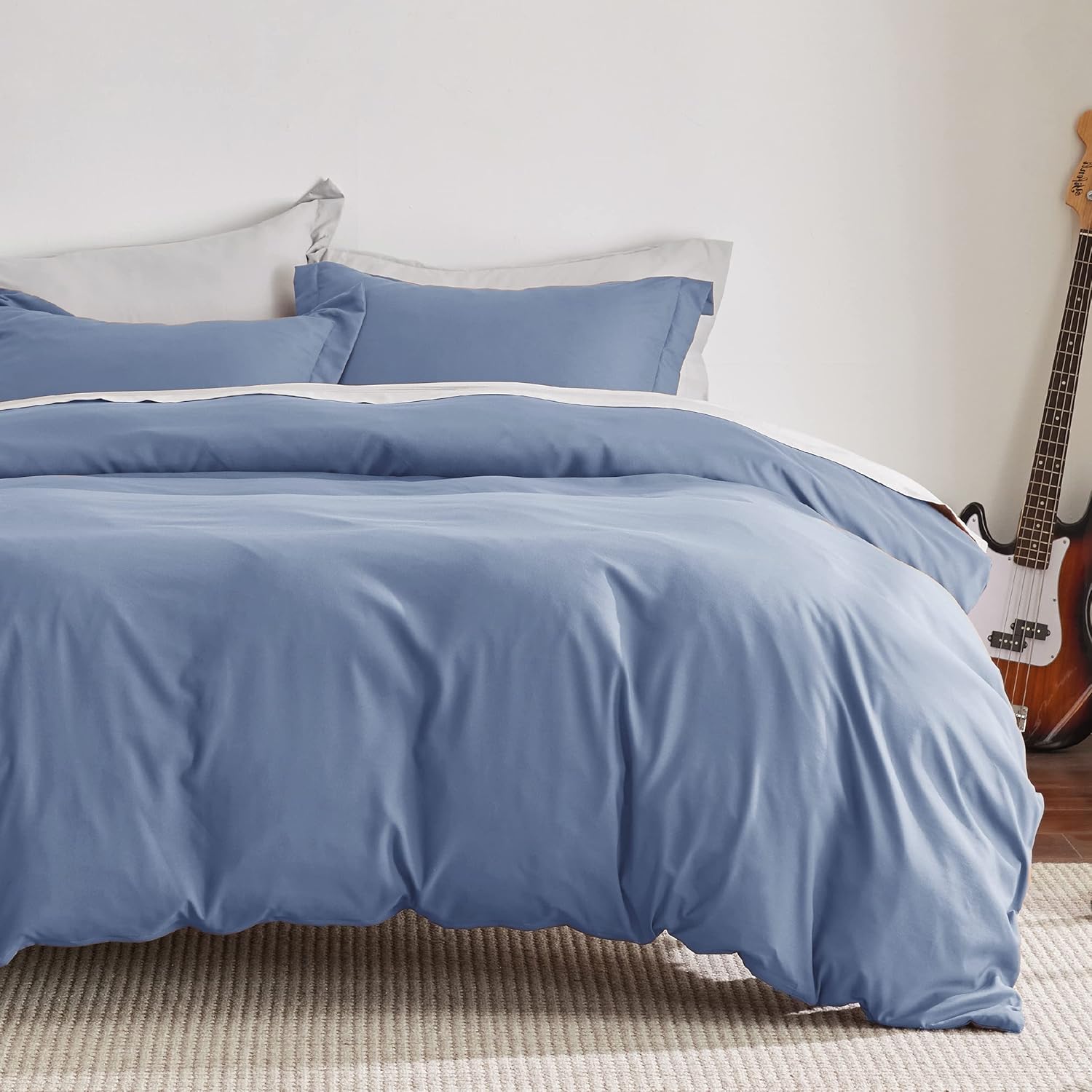 Bedsure Funda de edredón azul pizarra, tamaño Queen, de suave microfibra cepillada, para niños, con cremallera, 3 piezas 1 funda de edredón (90 x 90