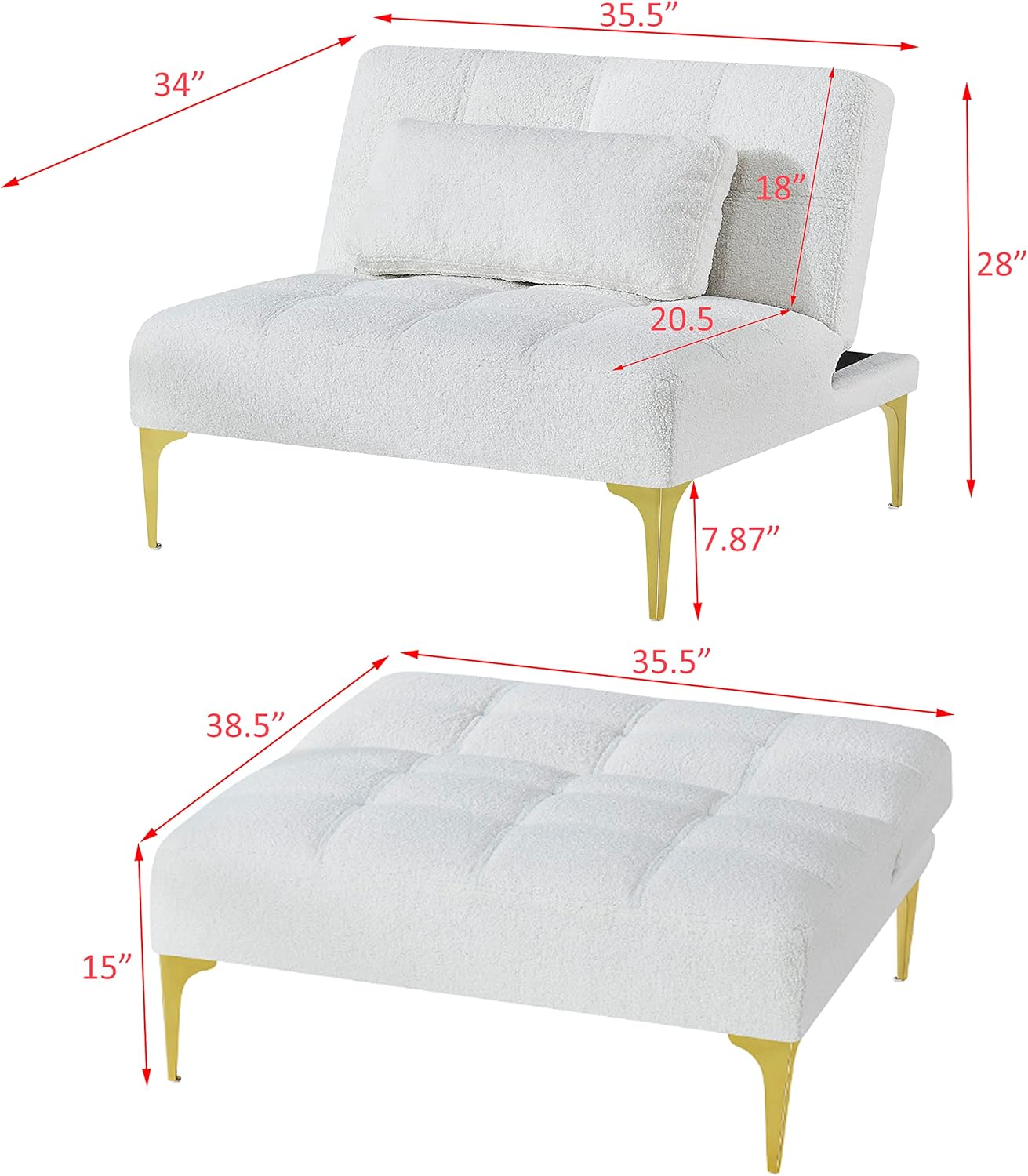 Sofá cama modular convertible sofá individual con almohada, tela de peluche y patas de metal, sofá cama tapizado para sala de estar, dormitorio,