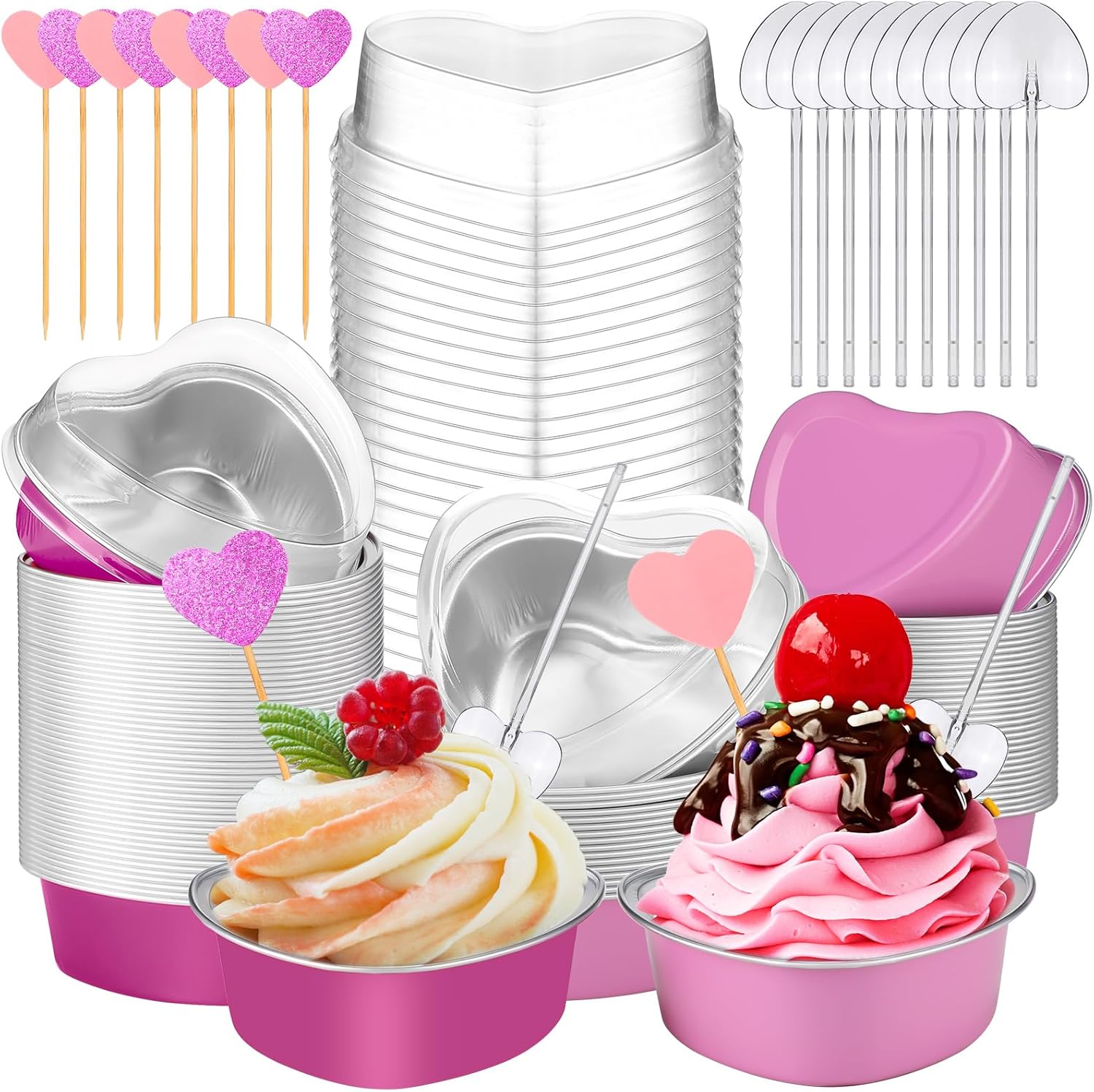 El juego de moldes para tartas de corazón de San Valentín incluye mini moldes de aluminio, cuchara de plástico, decoración de cupcakes, tazas de
