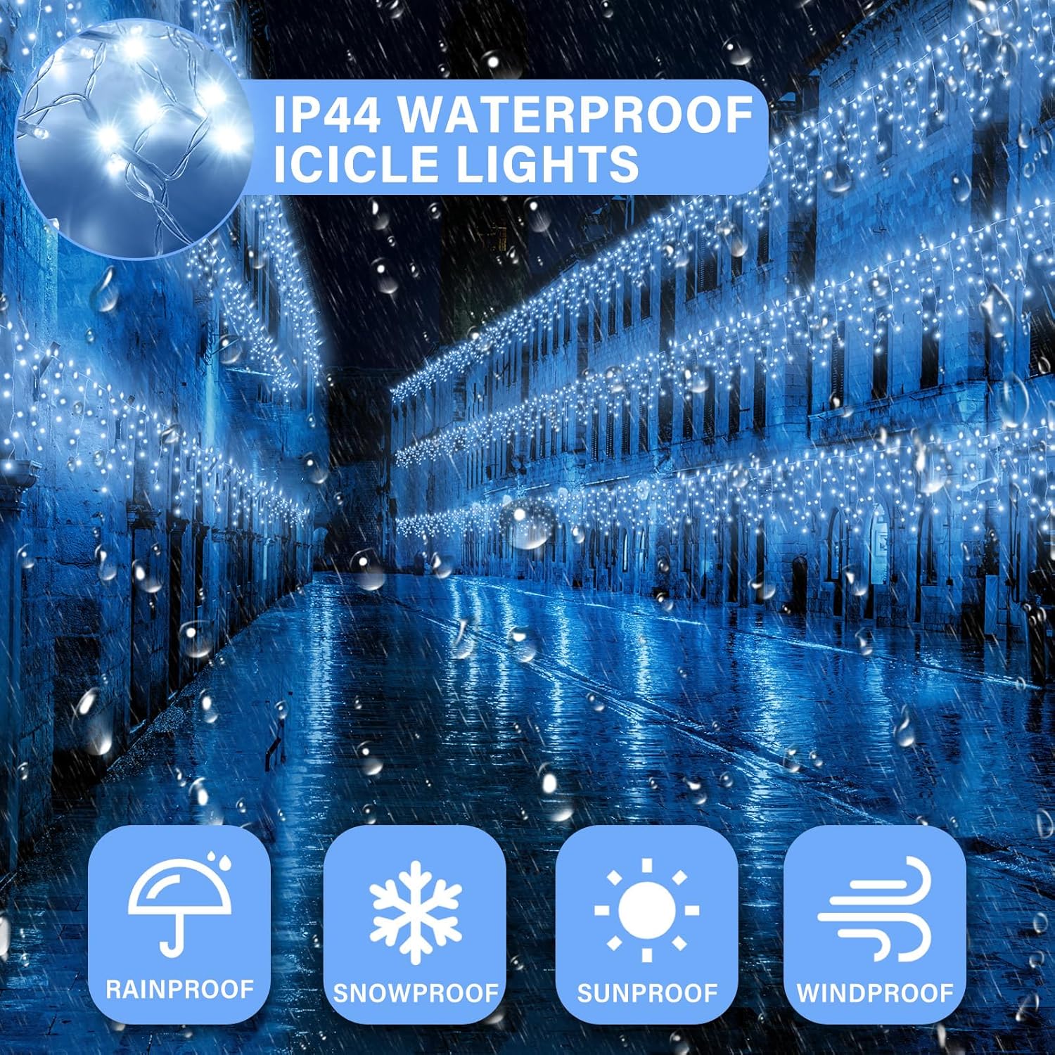 Luces solares de carámbano de invierno, impermeables, decoraciones al aire libre, 600 LED de 49.21 pies, luces blancas frías con 96 gotas, 8 modos