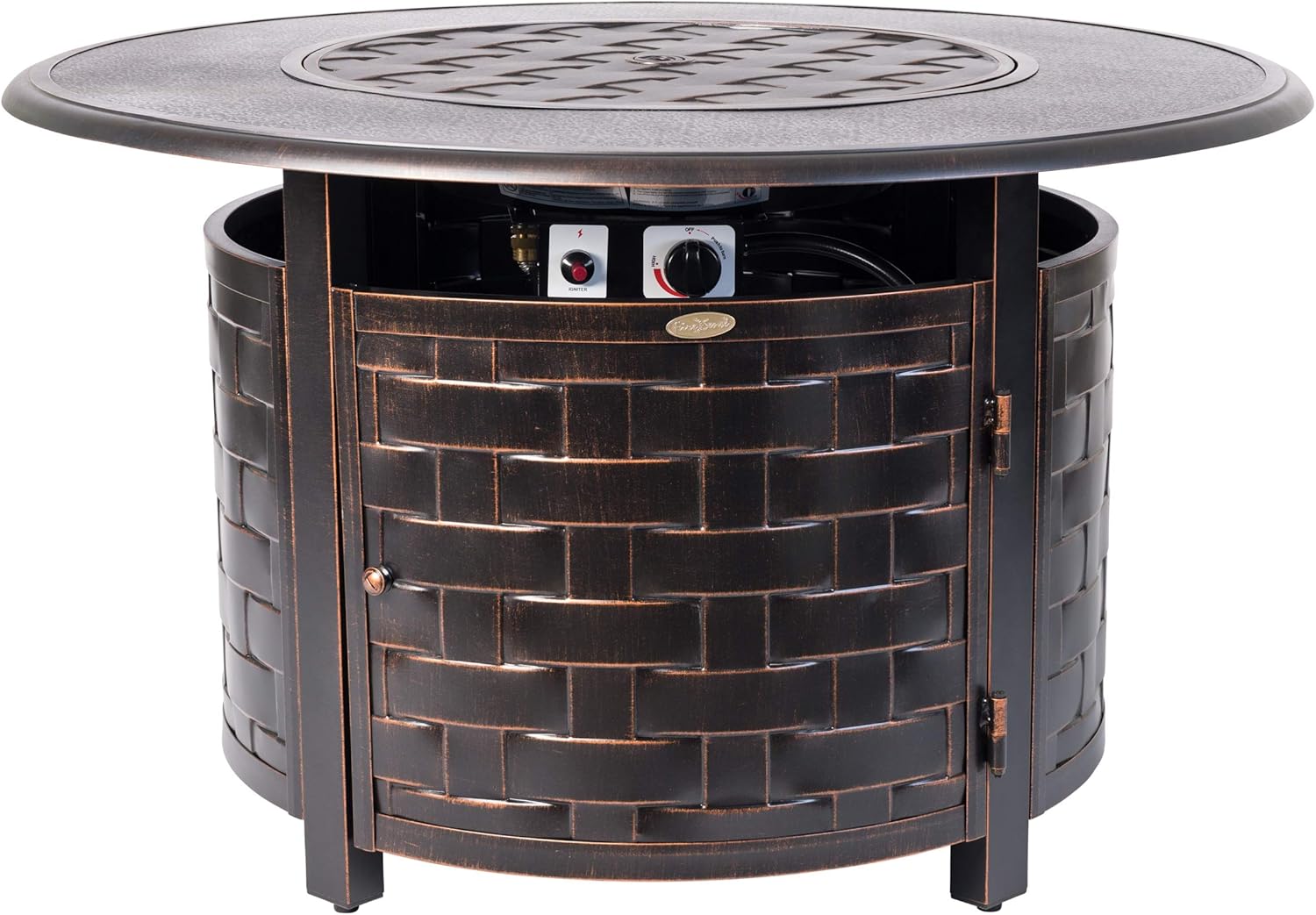 Fire Sense 62746 Armstrong Basketweave – Mesa convertible de aluminio para fogata de gas, 55,000 BTU, portátil al aire libre con tapa de cuenco de