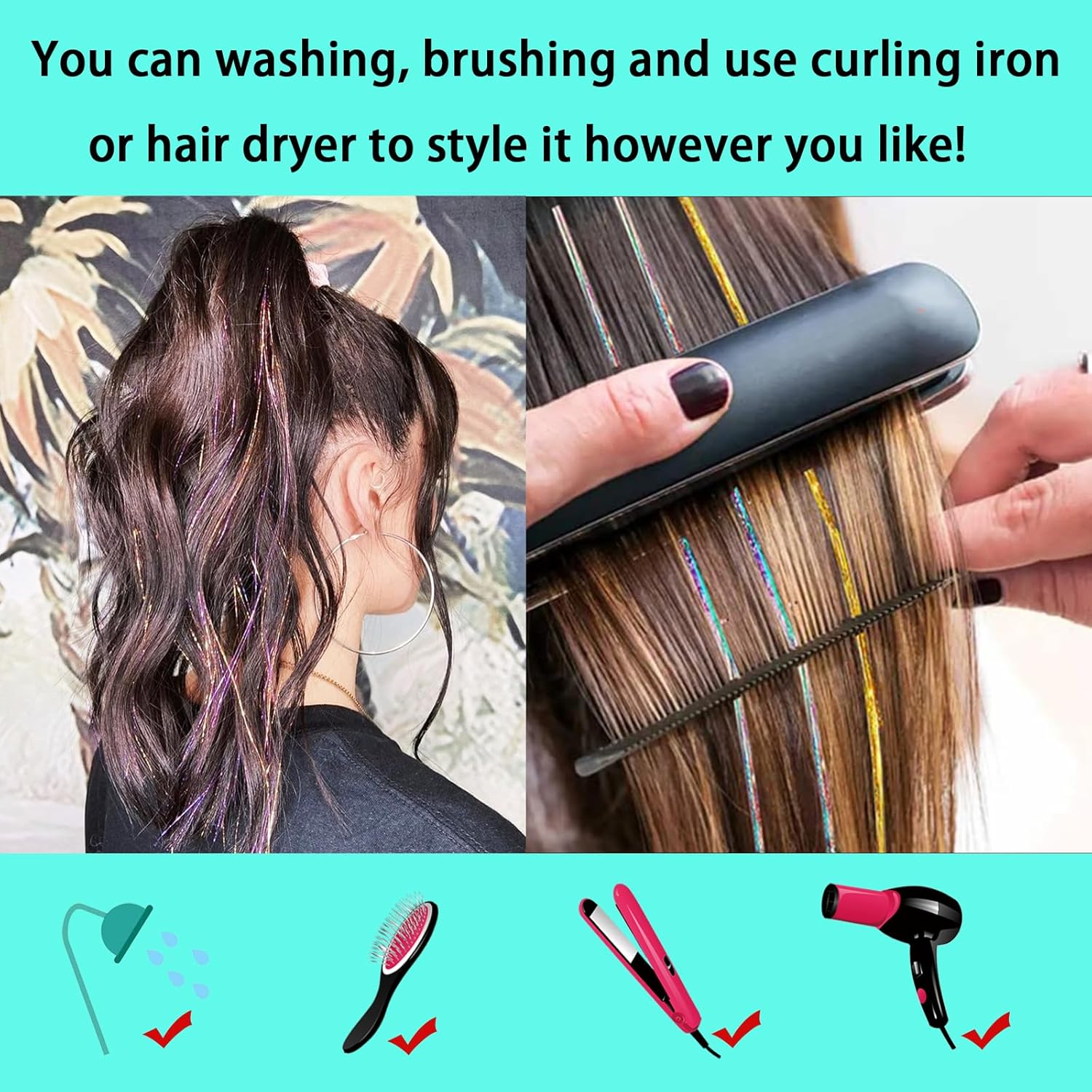 NIACONN Kit de oropel de 18 colores, 48 pulgadas, 3600 hebras de extensiones de cabello de oropel con purpurina para niñas y mujeres, Navidad, Año