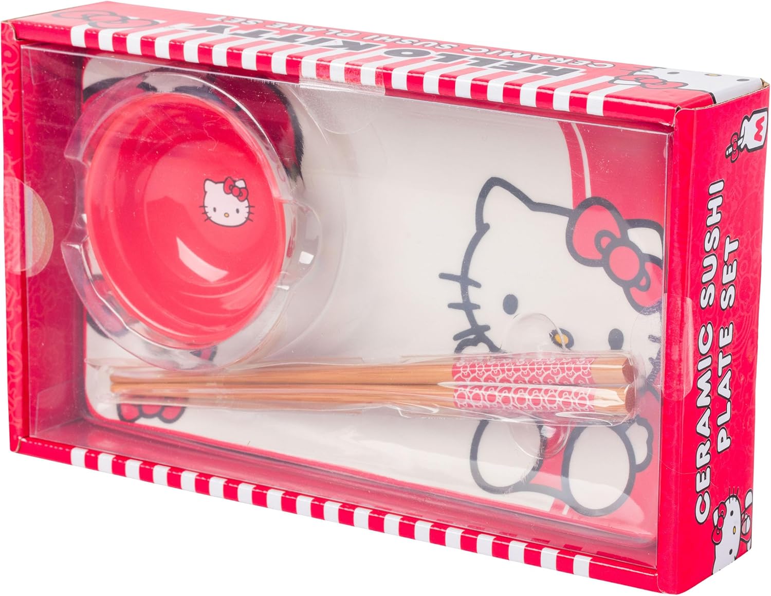 Silver Buffalo Sanrio Hello Kitty – Juego de sushi de cerámica con lazo rojo y blanco con plato de salsa y palillos a juego