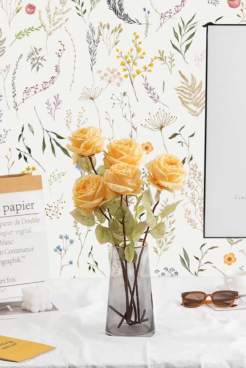 Dimoon Papel tapiz floral de 78.7 x 16.1 pulgadas, papel de contacto beige grueso, papel tapiz grueso de flores delicadas, impermeables, hojas