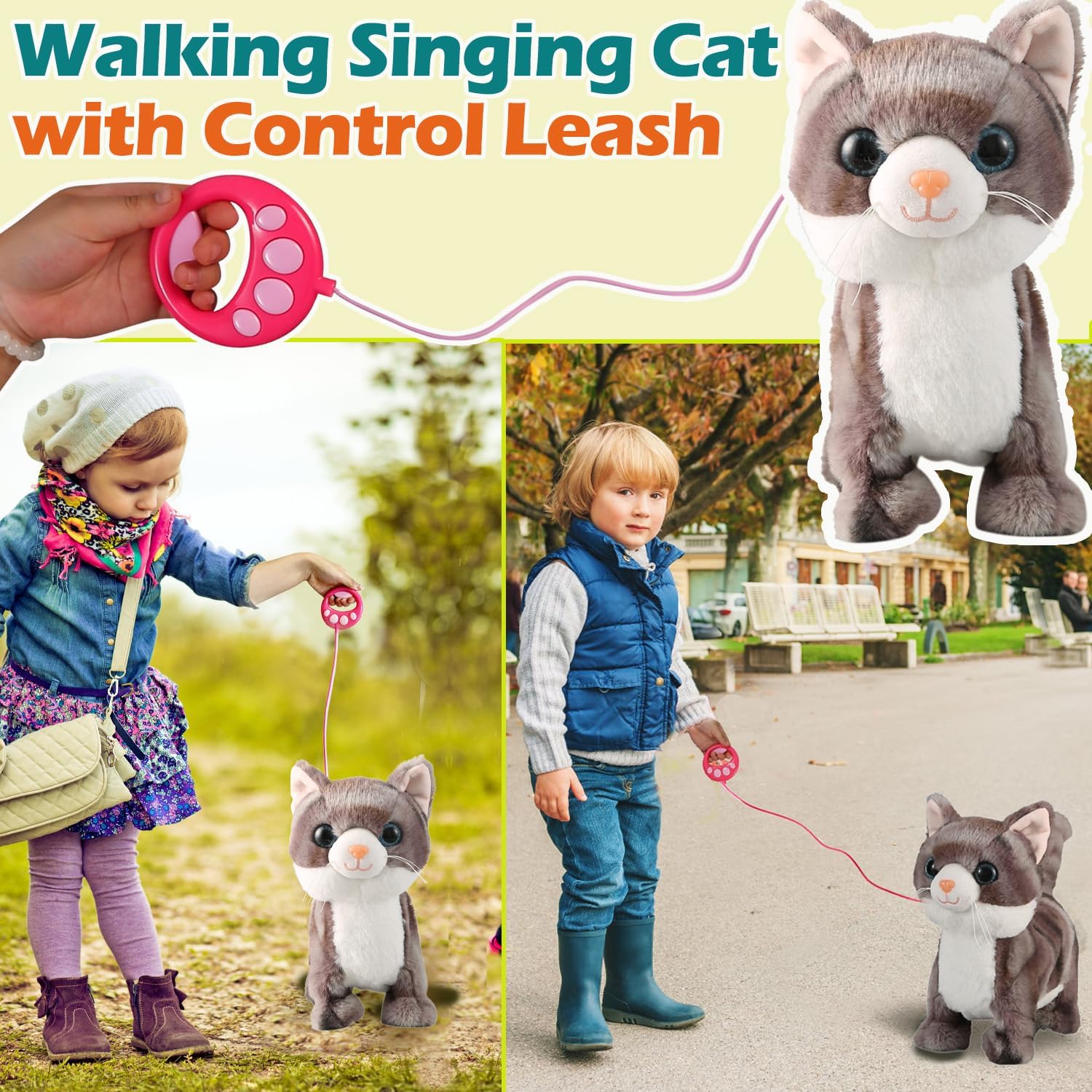 Juego de gato con correa gris que camina cantando que ronronea y maulla, robot de peluche animado, gatito en movimiento, animal de peluche realista