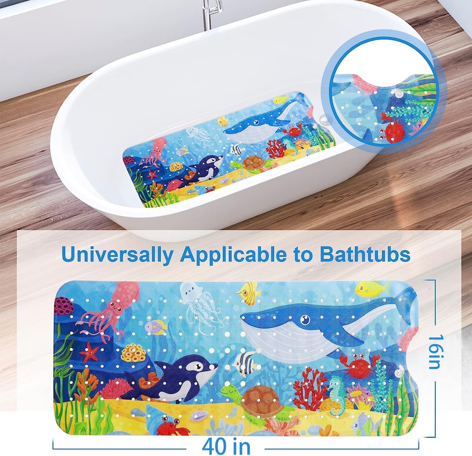 Alfombra de baño para bebé para niños, 40 x 16 pulgadas, extra larga, antideslizante, con dibujos animados, con agujeros de drenaje y ventosas,