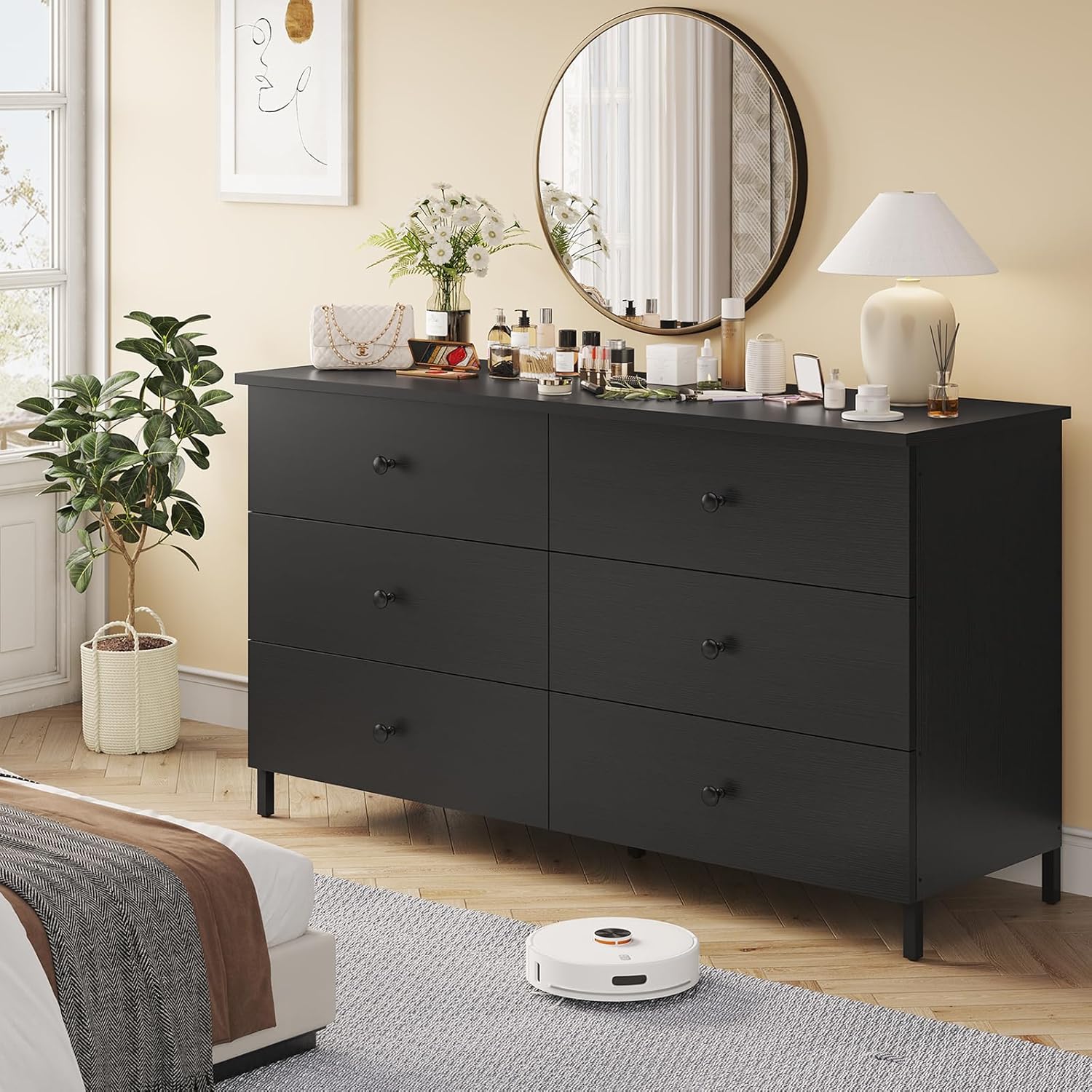 Hasuit Cómoda doble de 6 cajones, cómoda de madera con marco de acero resistente y resistente, cómoda de almacenamiento de gran capacidad, cómoda