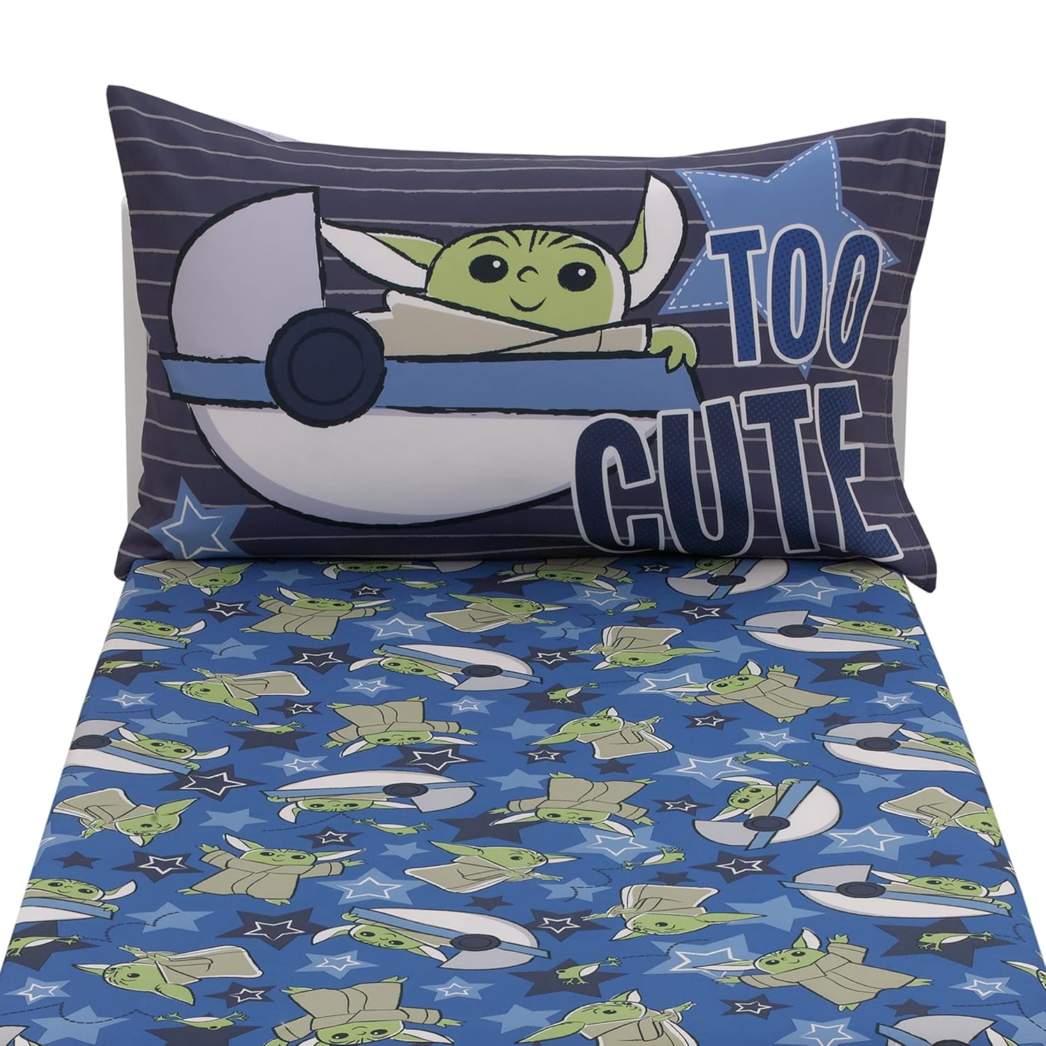 NoJo Star Wars The Child Cutest in The Galaxy – Juego de sábanas infantiles de Grogu y Hover Pod de 2 piezas, sábana bajera ajustable y funda de