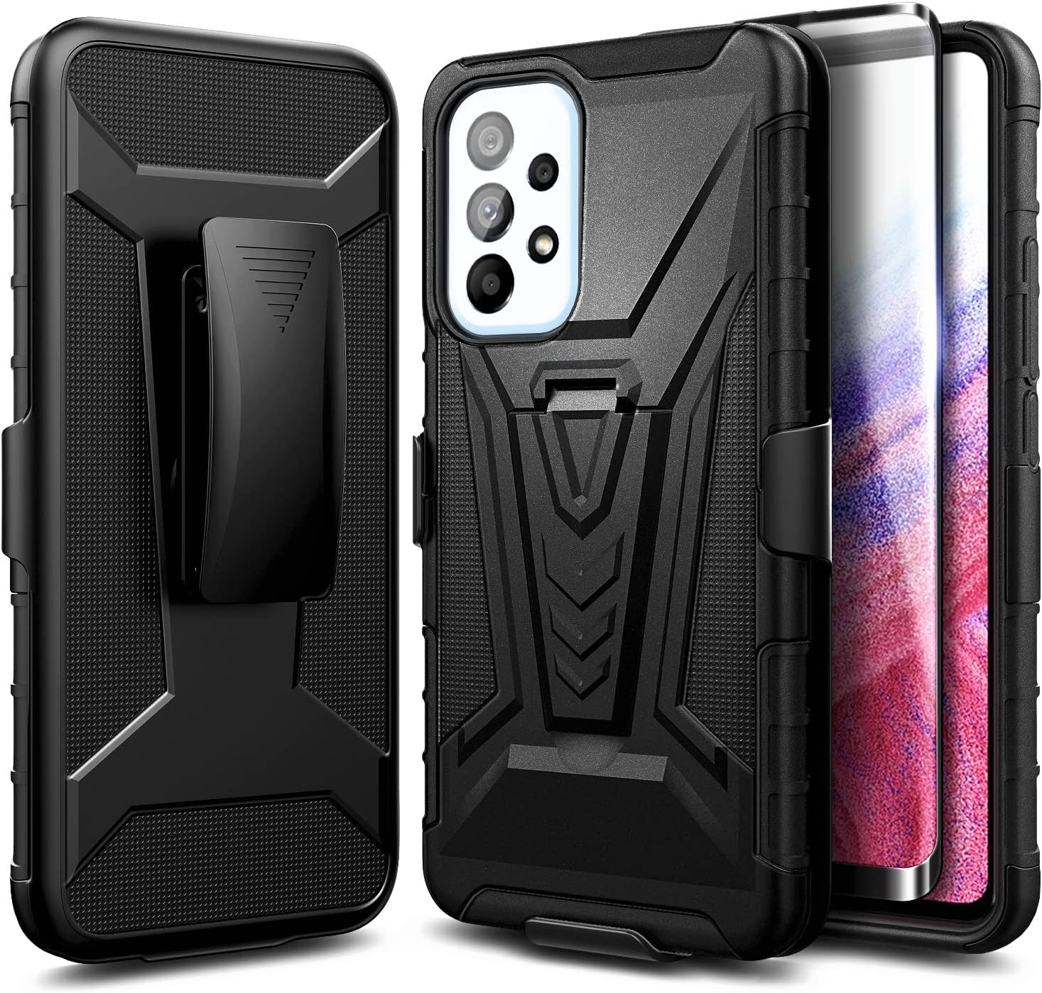 NZND Funda para Galaxy A53 5G con protector de pantalla de vidrio templado (cobertura máxima), funda de clip para cinturón con soporte integrado,
