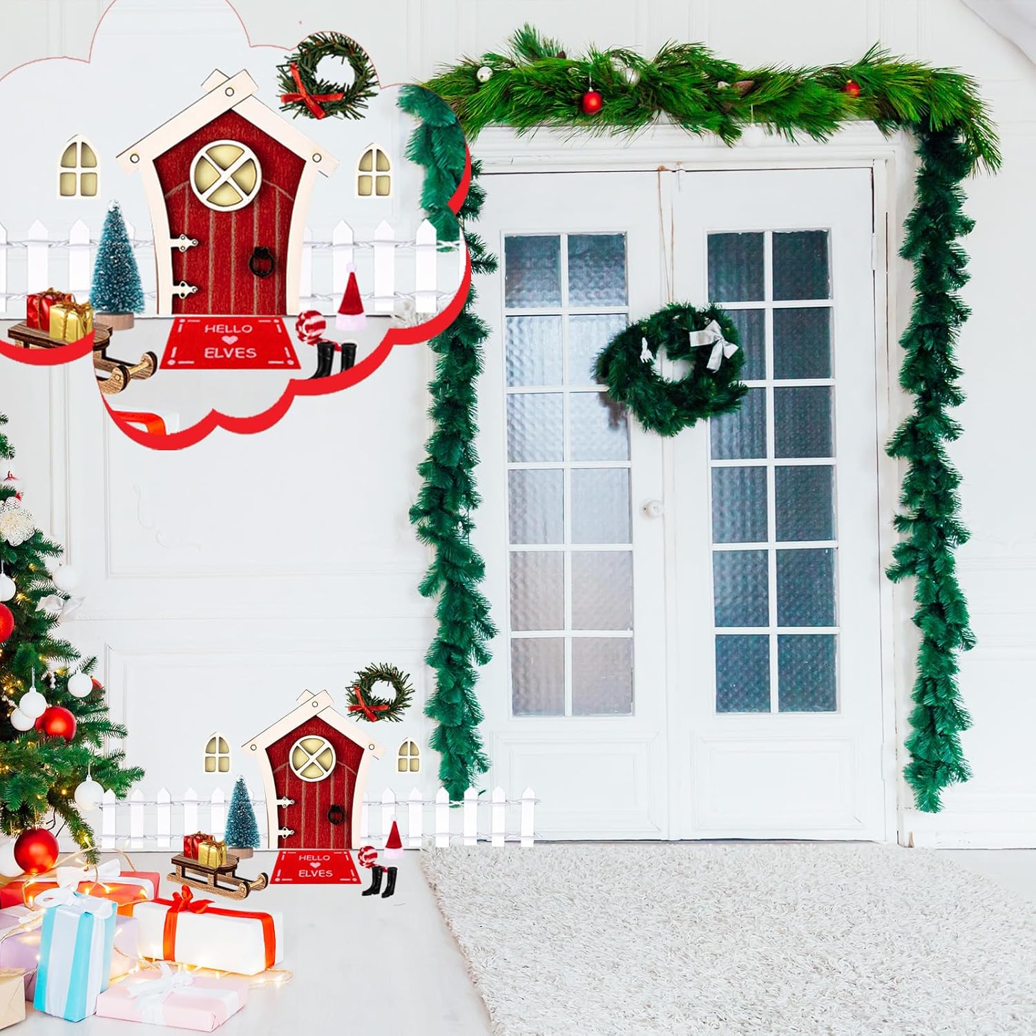 Kit de puerta de hadas de elfo de Navidad, puerta de niña de hadas roja, miniatura de madera para accesorios de Navidad, cuento de hadas,