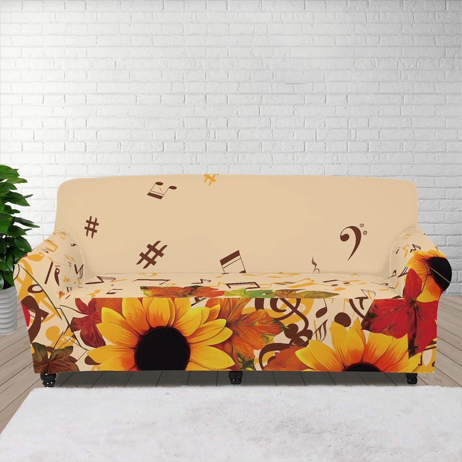 Boatee 1 funda elástica para sillón de 3 plazas, diseño de girasol con nota musical, funda protectora para muebles, funda protectora para sofá