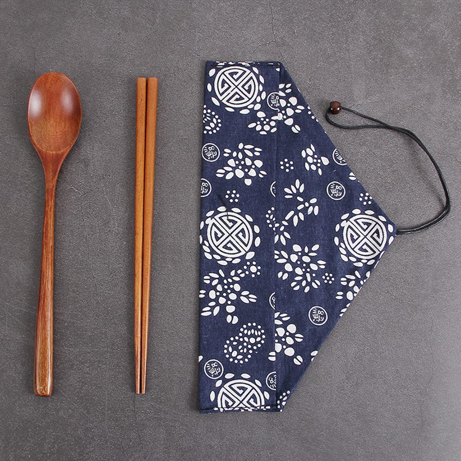 Juego de cubiertos de madera, estilo japonés, cuchara de madera reutilizable y palillos, vajilla portátil, utensilios de viaje, utensilios de