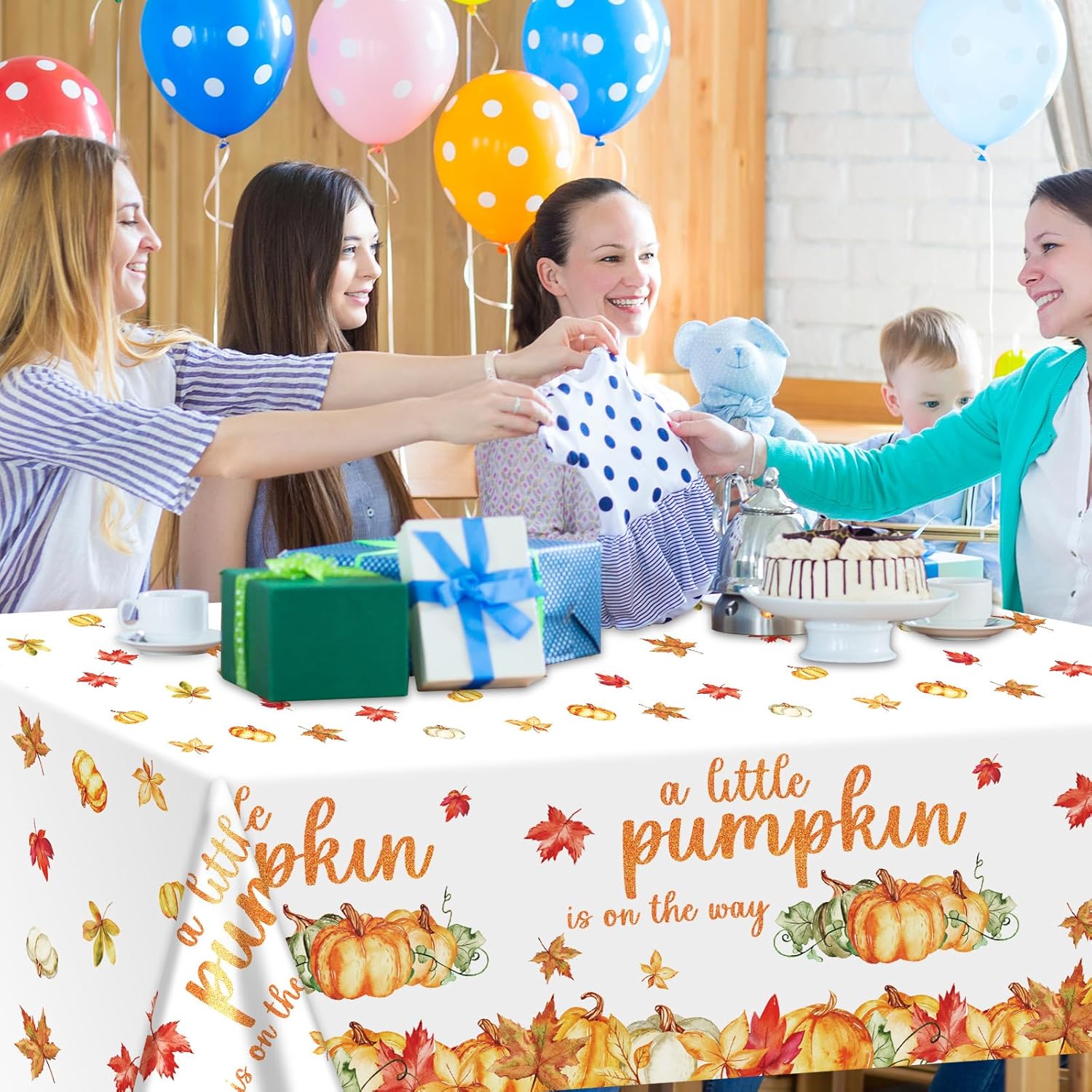 3 manteles de calabaza pequeña para decoración de fiesta de baby shower, con texto en inglés “A Little Pumpkin is On The Way” para baby shower,
