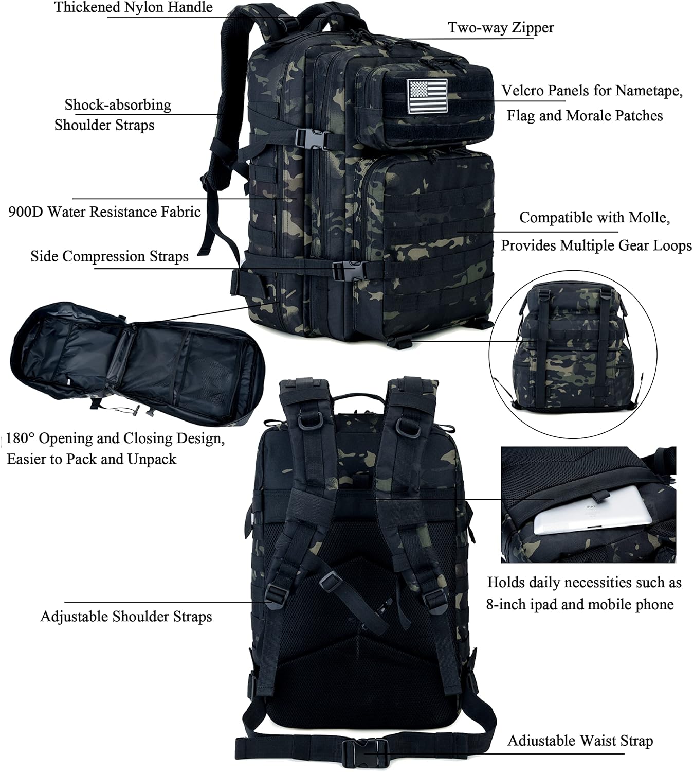 Long Keeper Mochila táctica militar – Hombres 45L 3 Días Gran Ejército Molle Sistema Camping Senderismo Bolsas Mochila, Negro Cp Camo, Táctica