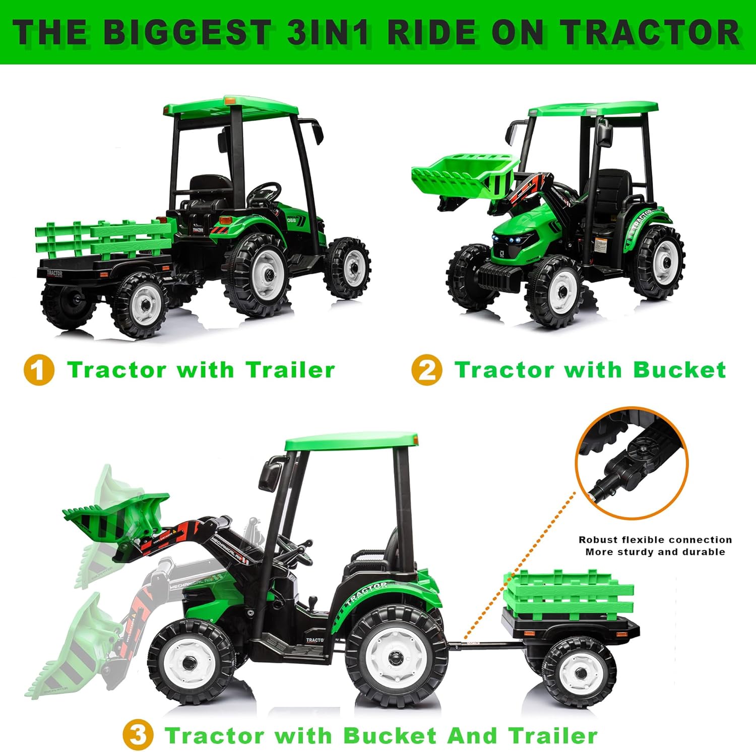 Tractor de conducción para niños de 24 V, tractor de equitación 3 en 1 con remolque y cargador frontal, Power Wheels 24 V, juguetes para niños y