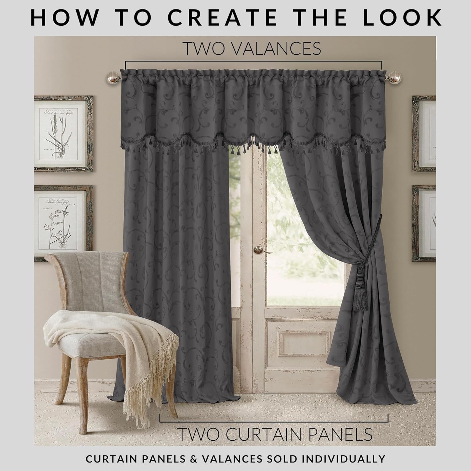 Elrene Home Fashions cenefa de ventana de Damasco con borlas, 52 pulgadas de ancho x 19 pulgadas de largo, azul (1 cenefa)