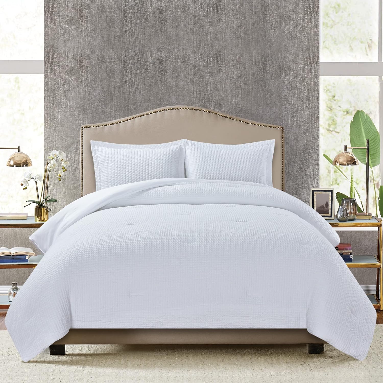 Chezmoi Collection Wilmer – Juego de edredón de 3 piezas con tejido de gofre, suave y acogedor para todas las estaciones, tamaño Queen, color blanco