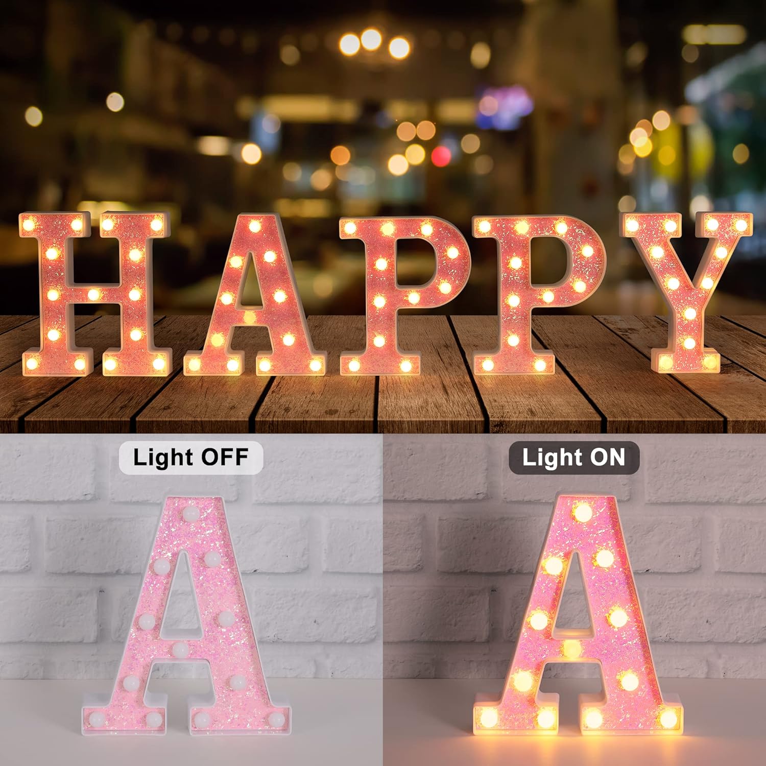 Foaky Letrero con luces LED, letras rosadas con purpurina, letras del alfabeto, letreros para luz nocturna, bodas, fiestas de cumpleaños, lámpara de