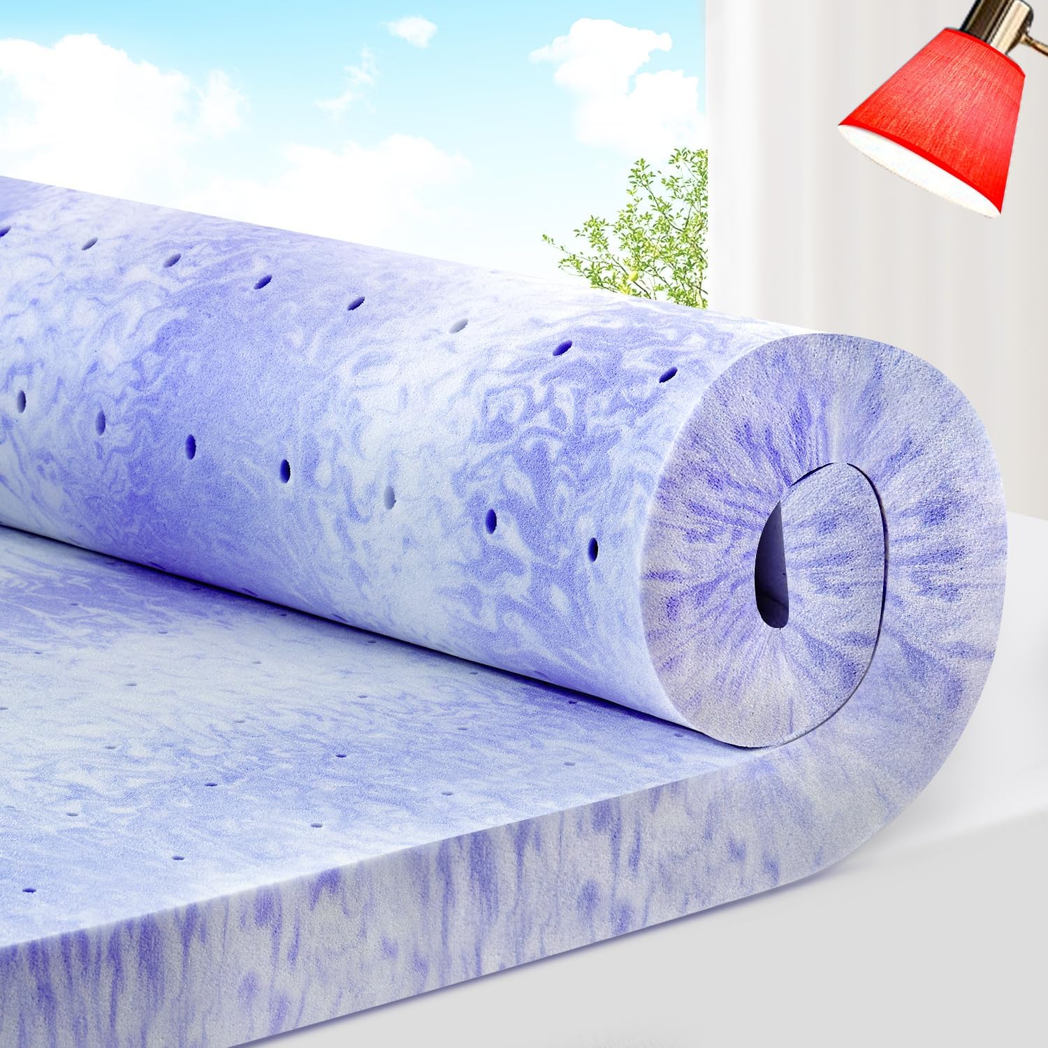 ELEMUSE Cubrecolchón de espuma viscoelástica con diseño ventilado de 4 pulgadas, almohadilla de espuma de remolino con gel refrescante para aliviar