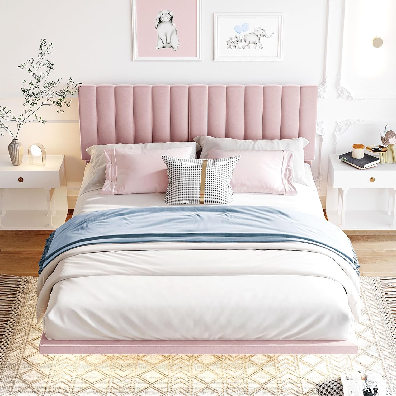 SOFTSEA Base de cama flotante tamaño Queen, plataforma tapizada con luz inteligente y cabecero, marco de cama de terciopelo tamaño Queen con soporte