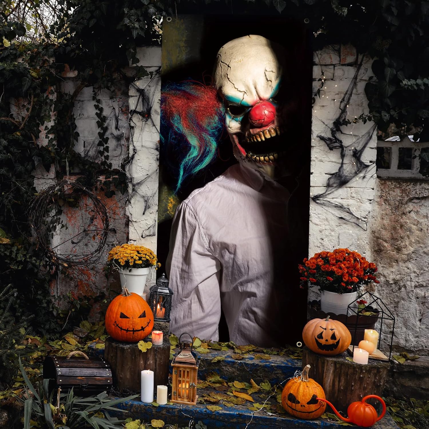 Cubierta de puerta de fantasma de payaso malvado, decoración de puerta de Halloween, 79 x 35 pulgadas, calcomanías de payaso aterrador, carteles de