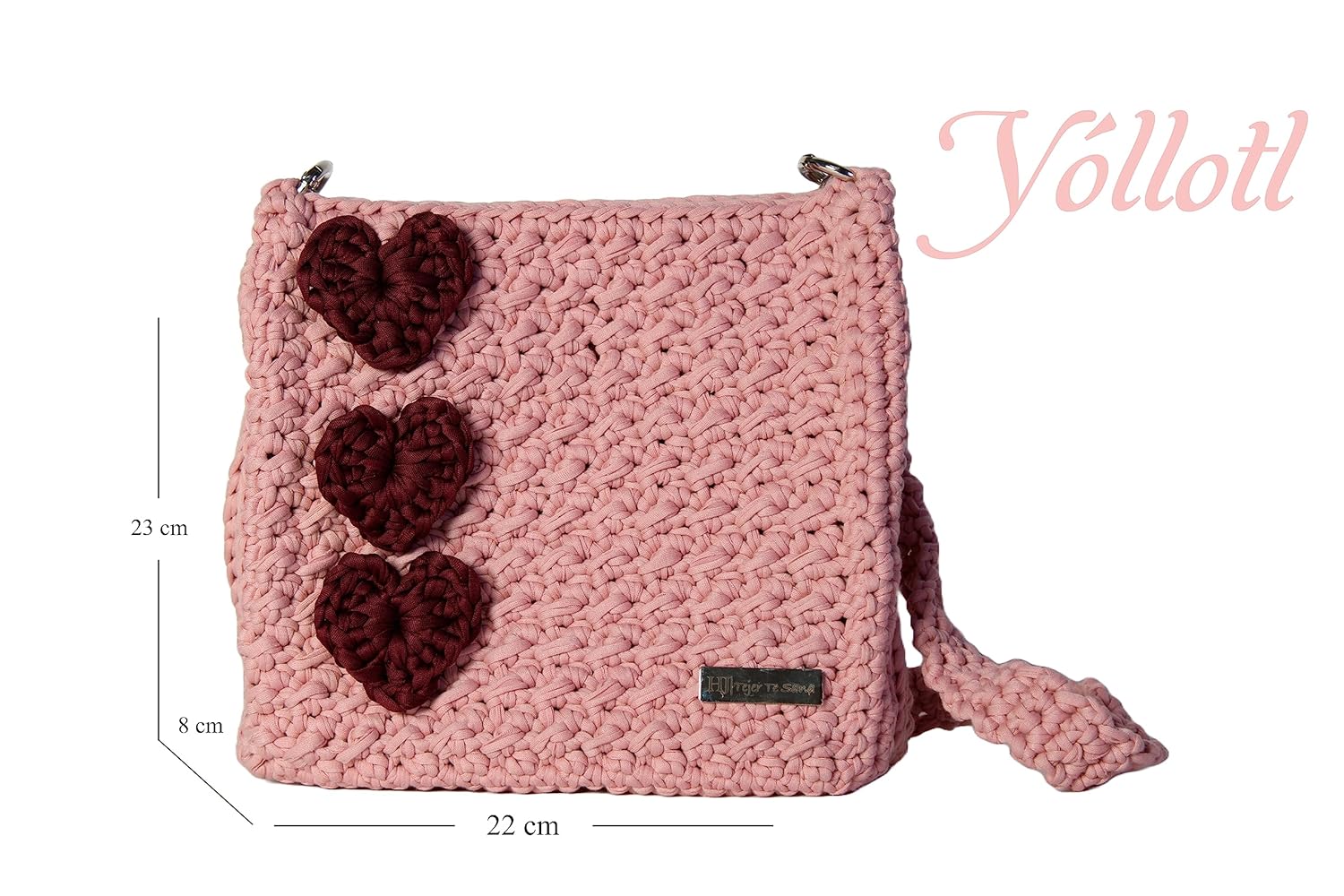 HERNANDO JOSA Yóllotl – Bolso cruzado a mano para mujer, bolso con corazones, hecho a mano, de algodón (Palo de rosa claro)