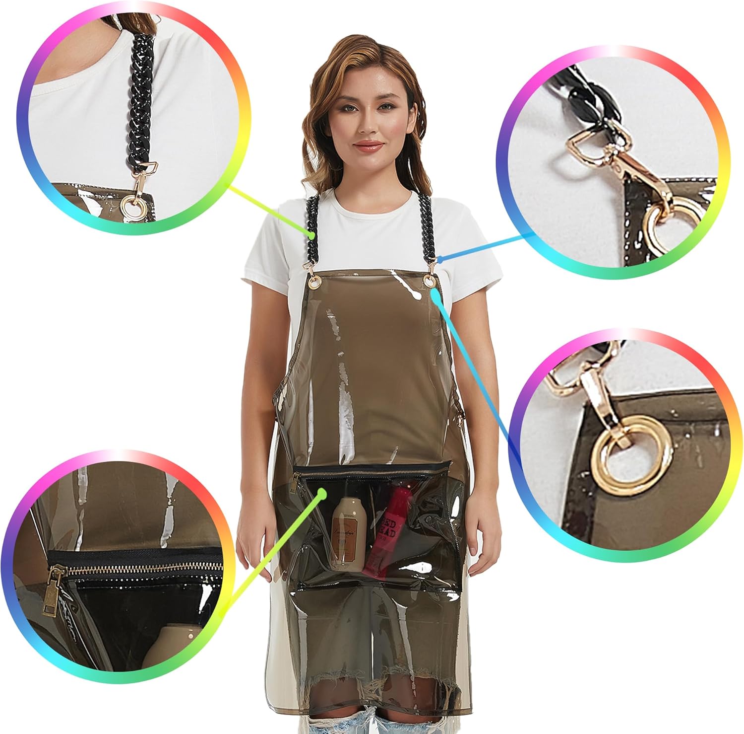 Delantal de peluquero con bolsillo, delantal transparente impermeable, talla única, cadenas ajustables