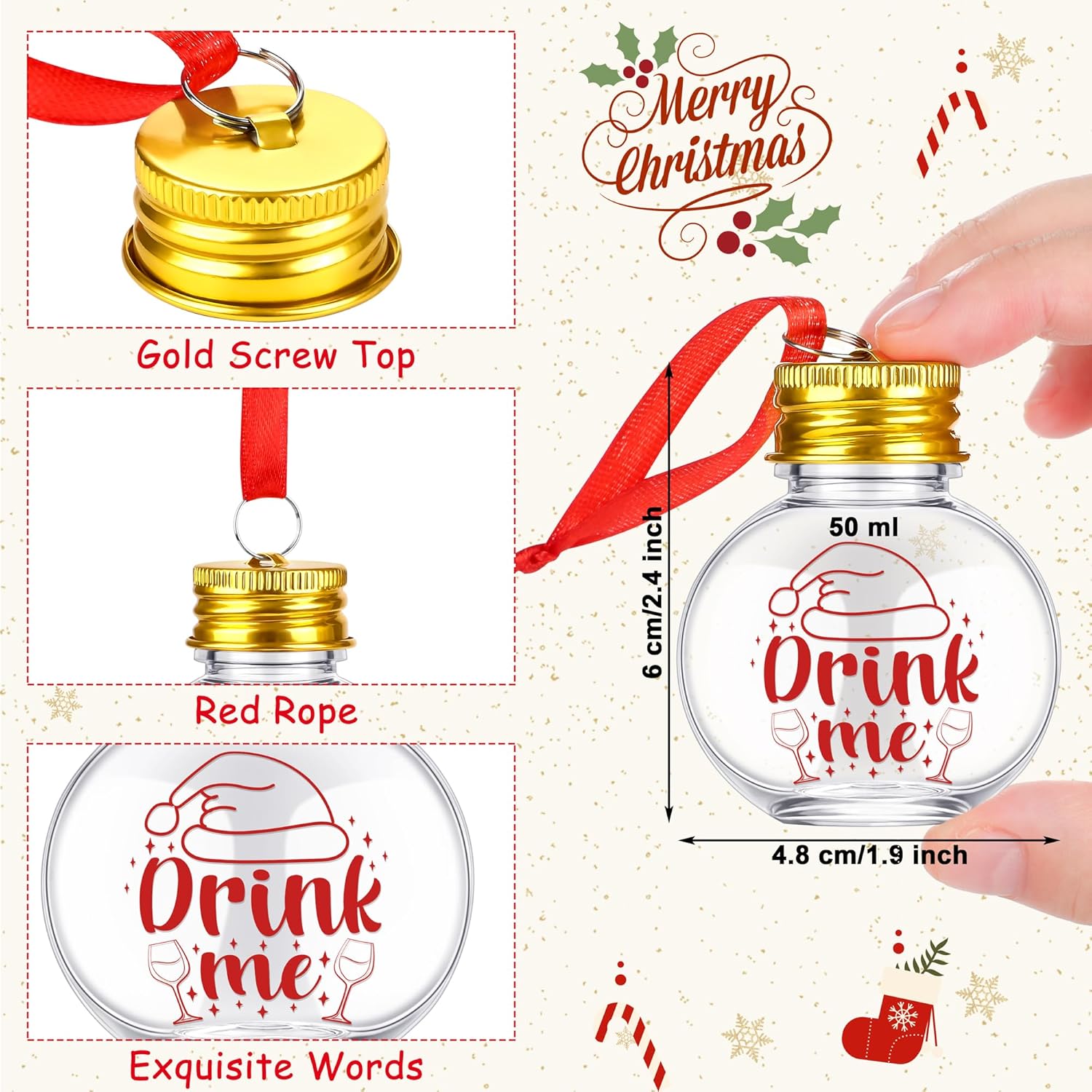 Aodaer Paquete de 48 bolas de Navidad rellenables con calcomanías, adornos redondos transparentes para árbol de Navidad, botellas de agua, botellas