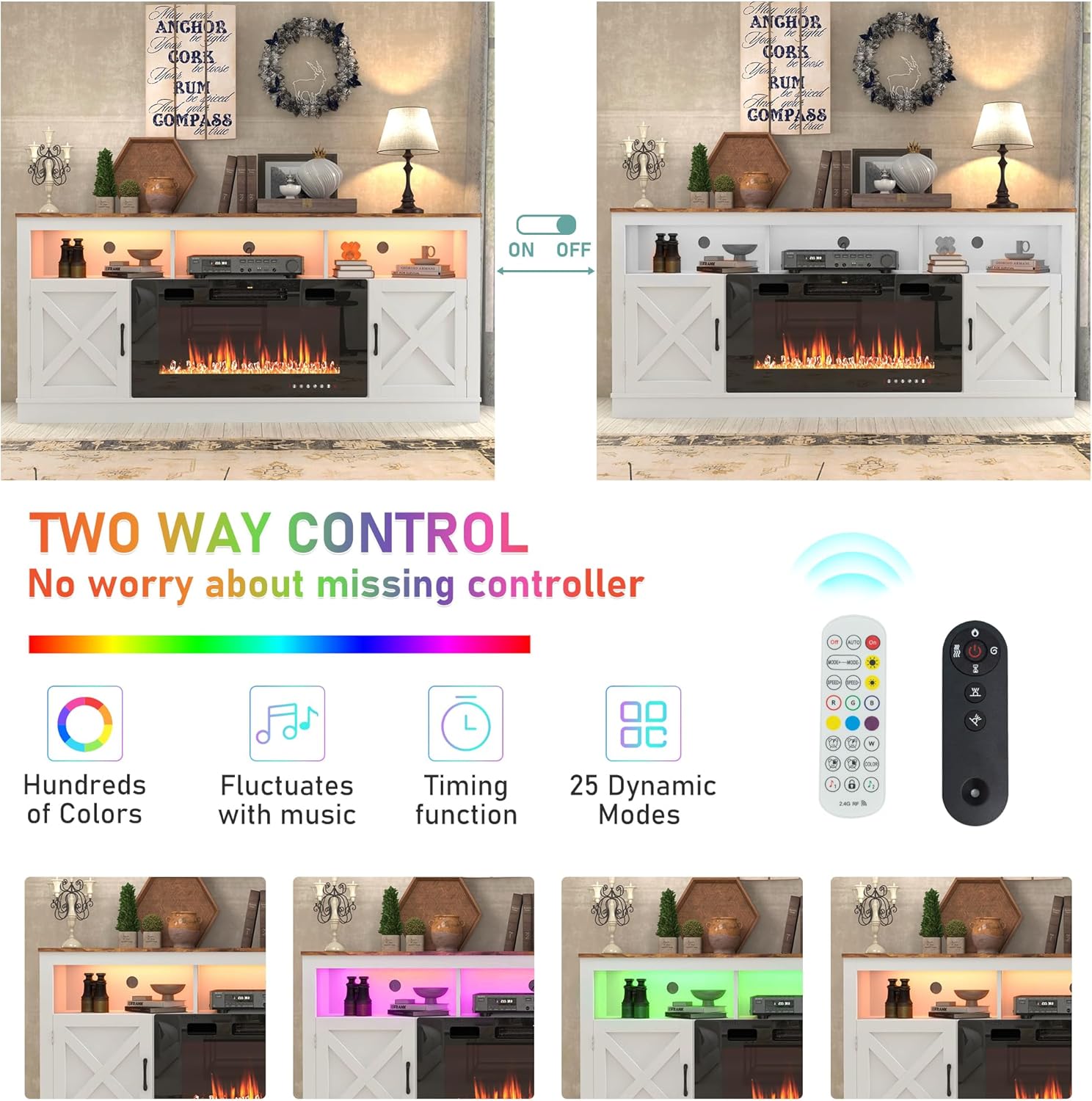 Soporte de TV con chimenea de granja para TV de 707580 pulgadas, centro de entretenimiento de 32 pulgadas de alto con chimenea eléctrica de 36