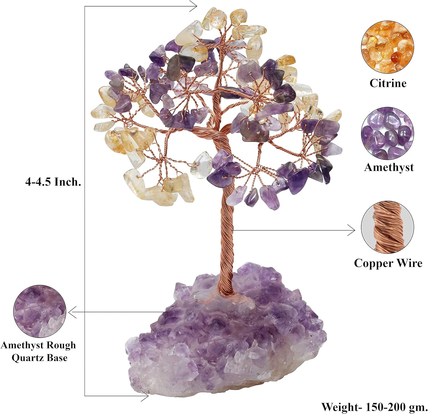 Árbol de la vida con piedras preciosas de amatista, citrina, base amatista natural, alambre de cobre bonsái de energía positiva, feng shui, dinero,