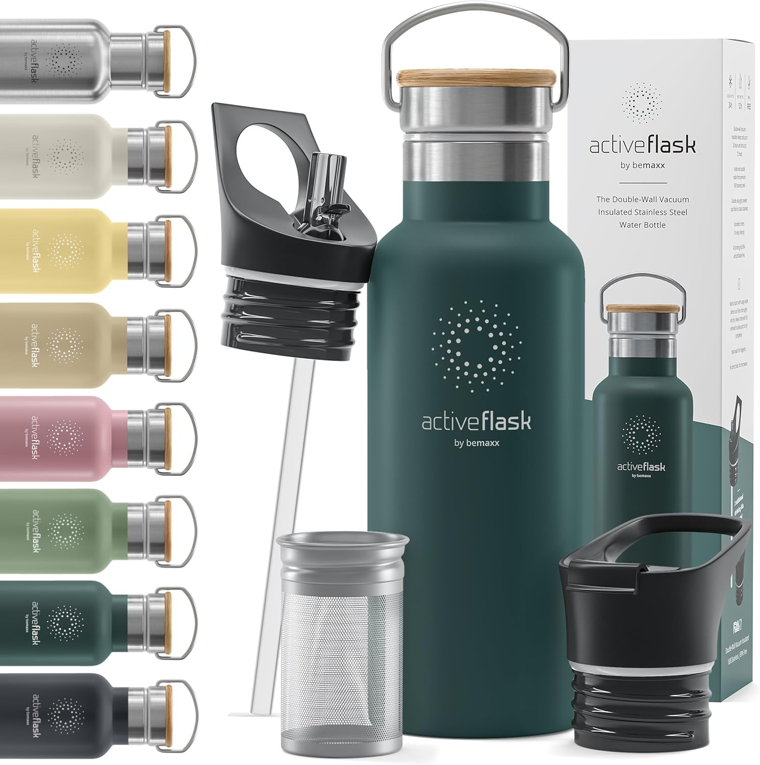 Botella de agua de acero inoxidable con pajita, infusor y 3 tapas 1832 oz a prueba de fugas aislado al vacío ACTIVE FLASK Botellas de beber frías