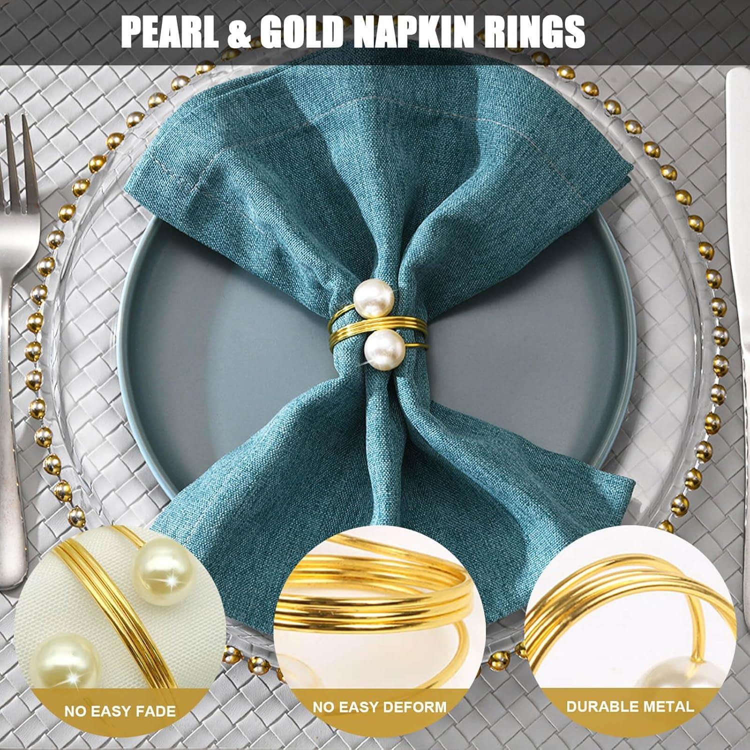 Juego de 8 servilleteros redondos de metal con perlas y hebillas para bodas, cenas, fiestas, cocina, mesa, decoración de cumpleaños, Navidad