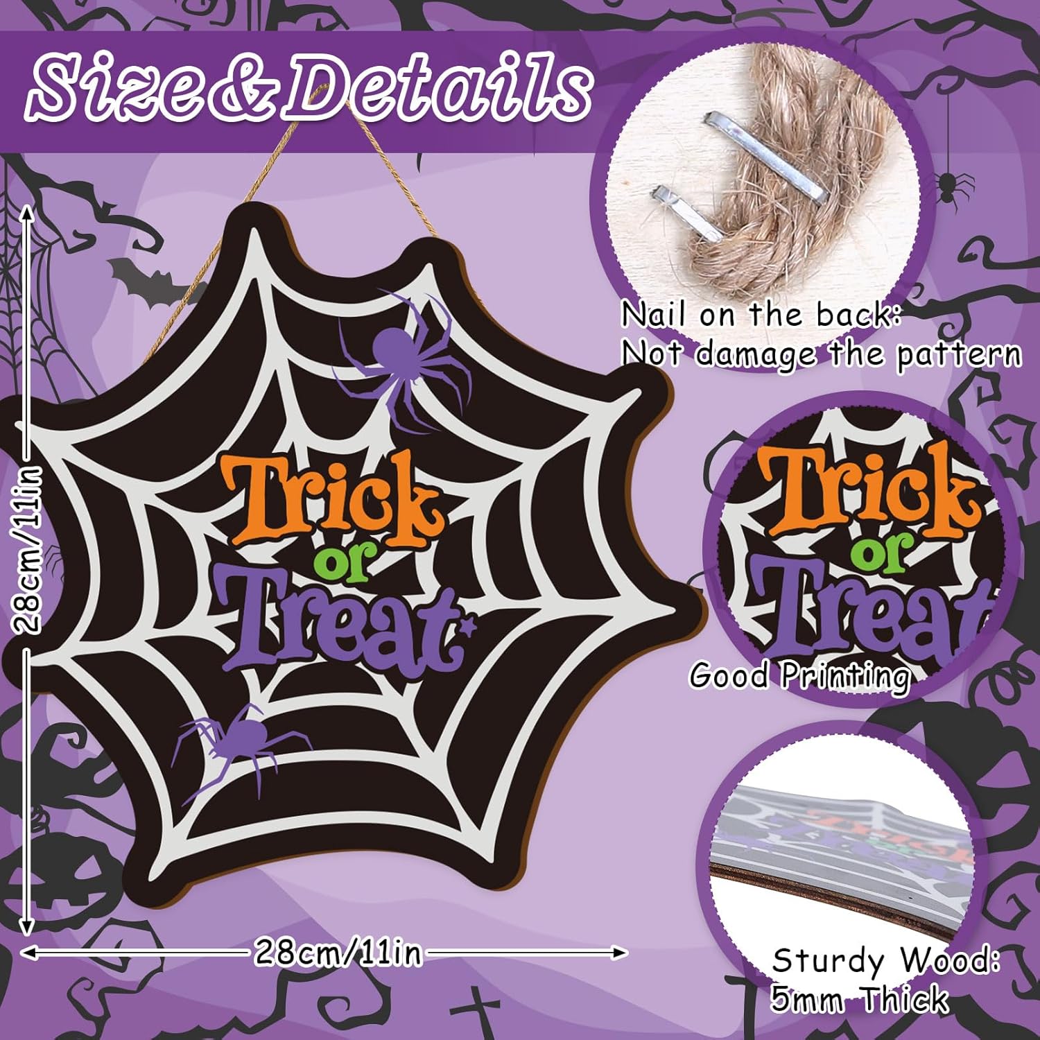 Whaline Letrero colgante de madera con diseño de telaraña de Halloween, diseño de truco o trato, corona de bienvenida, decoración de Halloween,