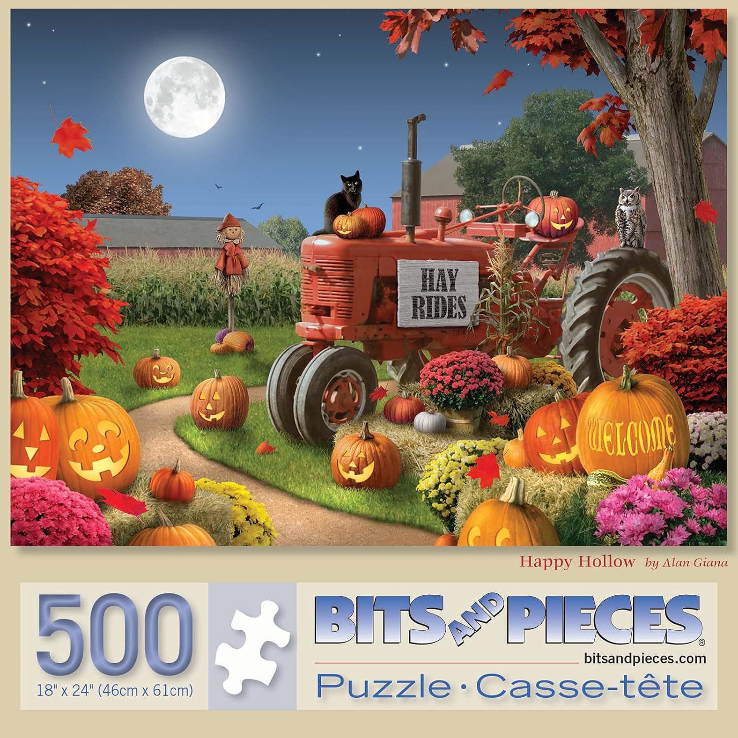 Bits and Pieces – Rompecabezas de 500 piezas para adultos de 18 x 24 pulgadas – Happy Hollow – 500 piezas de Halloween Farm Pumpkin Jack-O-Lantern