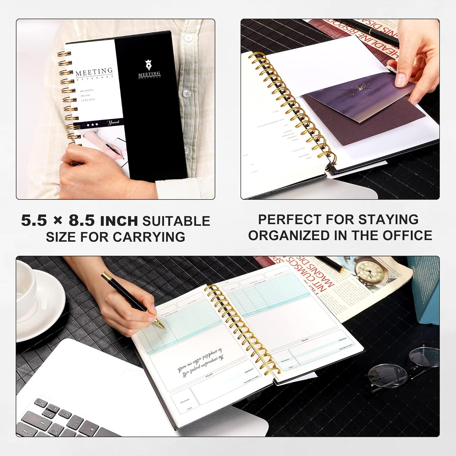 Cuaderno de reuniones para el trabajo con artículos de acción de 5.5 x 8.5 pulgadas, planificador de reuniones en espiral de tapa dura para oficina,