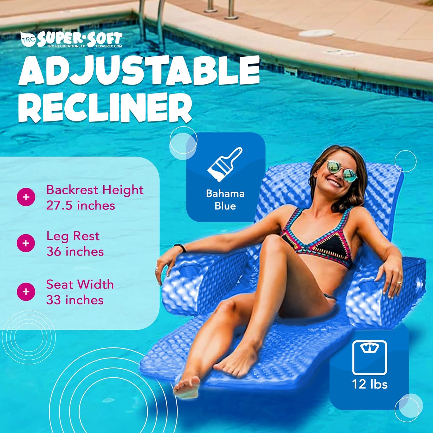 TRC Recreation Tumbona de agua flotante portátil súper suave para piscina, cómoda y ajustable, con 2 portavasos para reposabrazos
