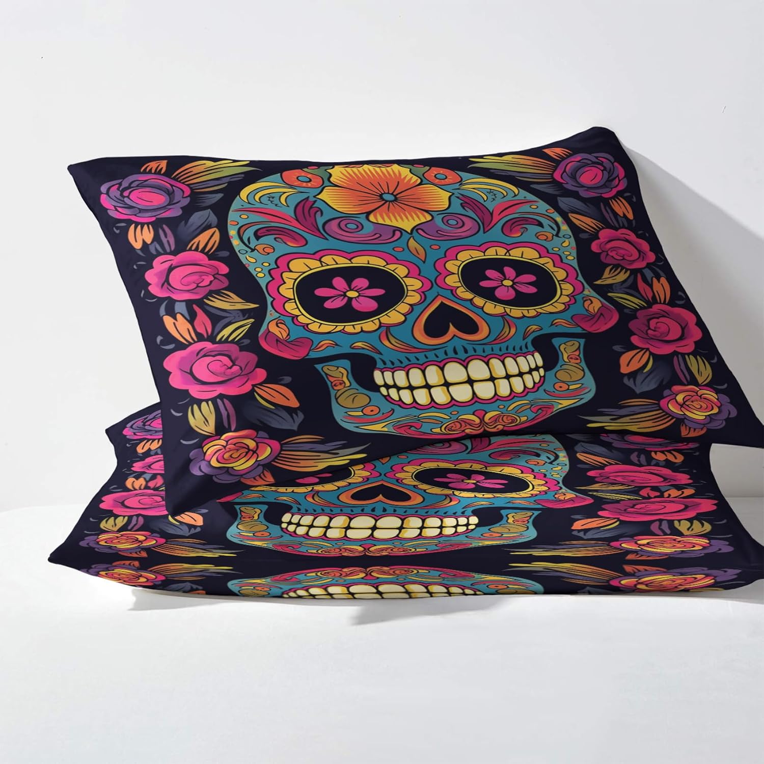 Juego de sábanas de calavera de azúcar divididas tamaño King para cama ajustable, sábanas y fundas de almohada, sábanas y fundas de almohada, 5