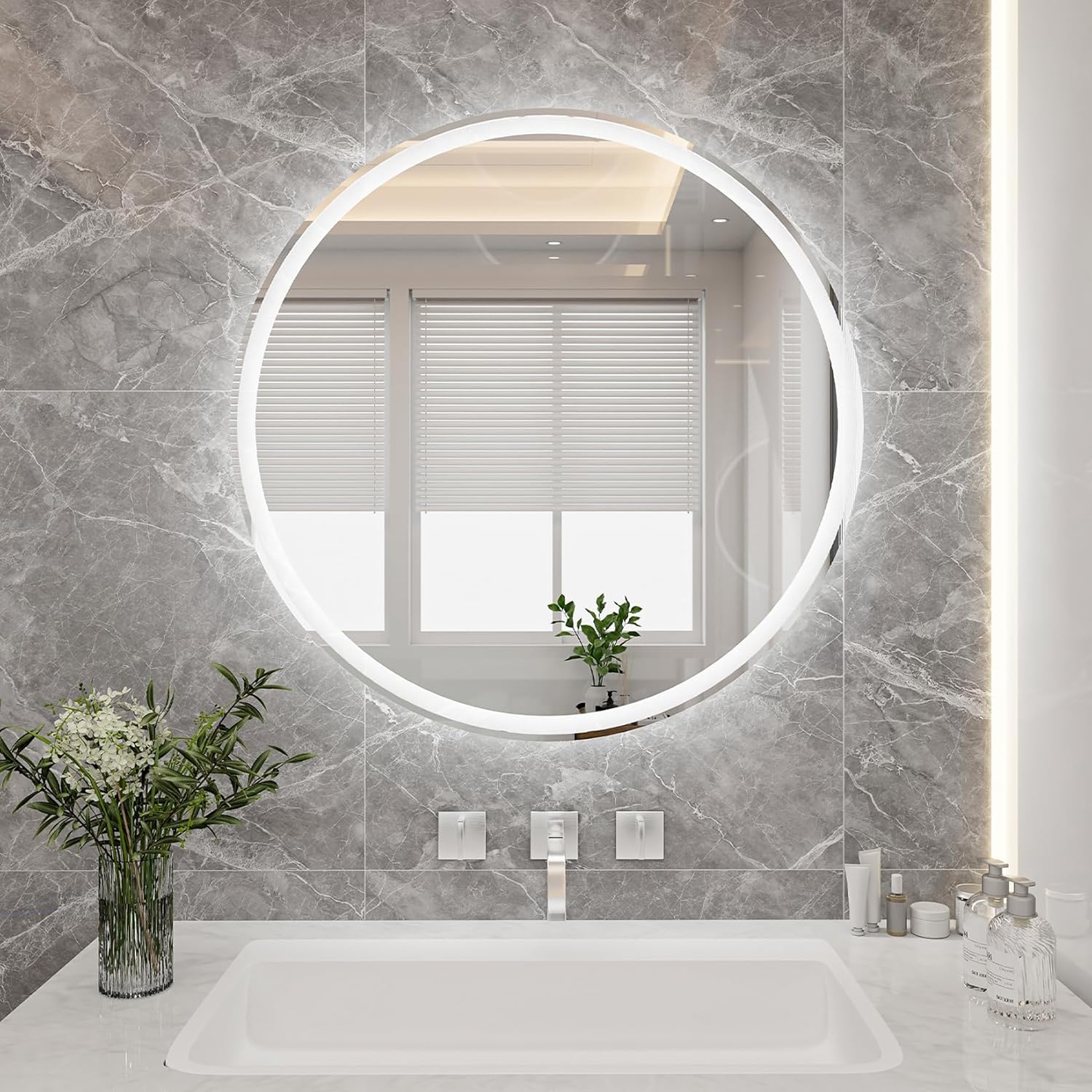 Espejo redondo de tocador con luces de 24 pulgadas para baño, espejos circulares iluminados con película inastillable para decoración de pared,