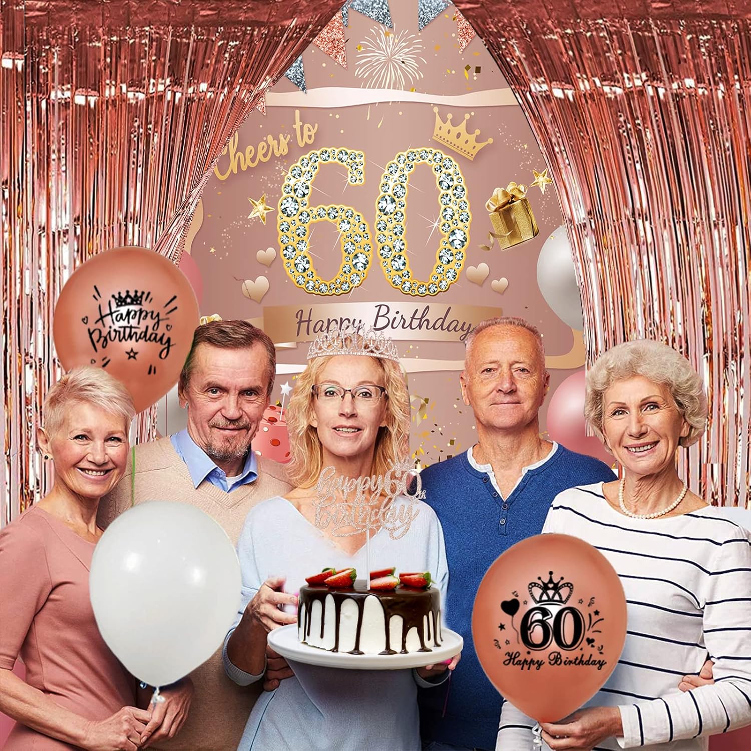 Decoraciones de 60 cumpleaños para mujer, 90 piezas de oro rosa y fabulosas decoraciones de cumpleaños 60, incluyendo telón de fondo de pancarta de