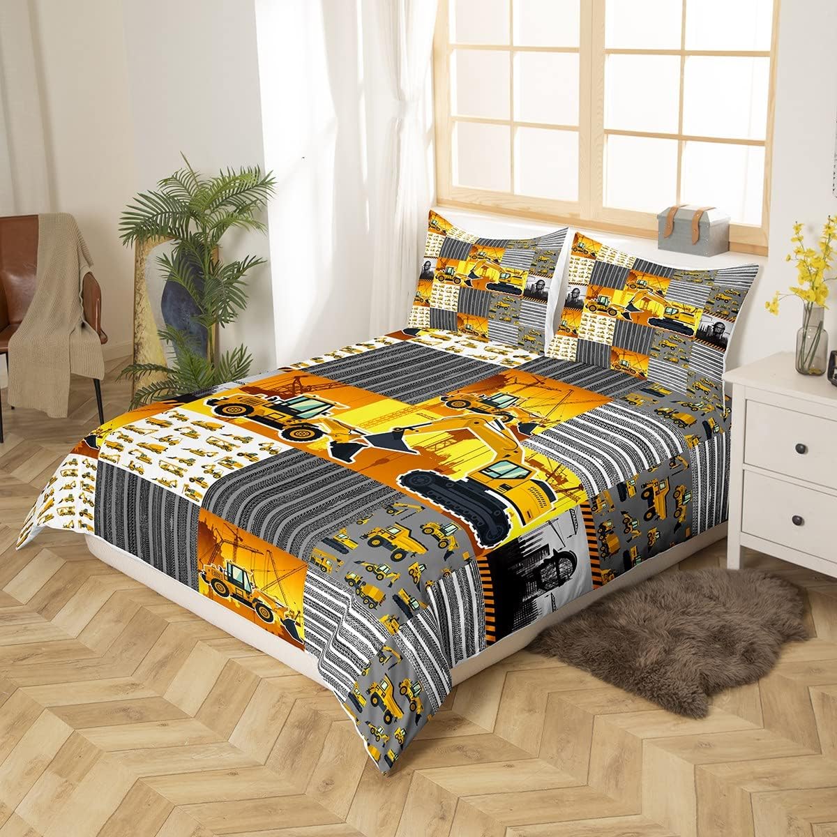 Juego de ropa de cama de construcción, funda de edredón de camión volquete de grúa, excavadora, mezclador de cemento, juegos de cama matrimonial,