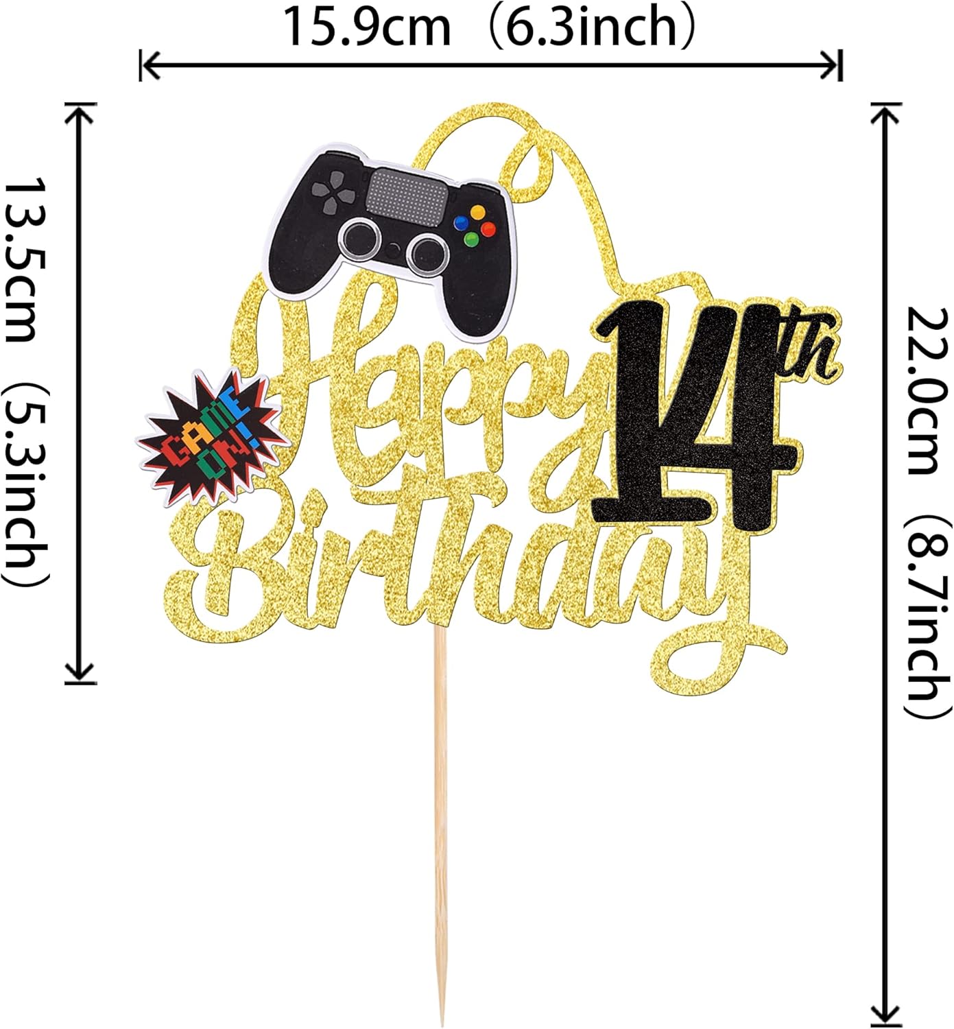 1 pieza de decoración de pastel de feliz cumpleaños 14 con purpurina para videojuegos, juego de selección de pasteles en controladores, catorce