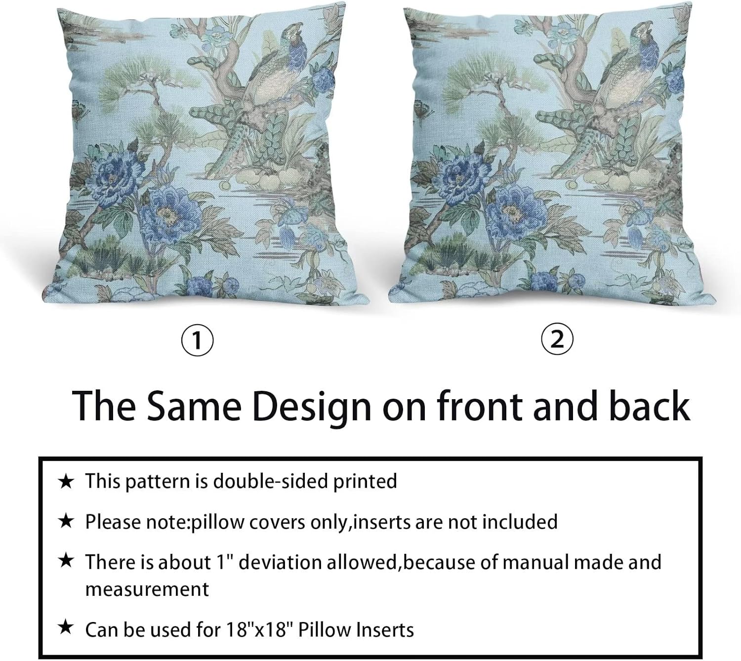 Juego de 2 fundas de almohada de 18 x 18 pulgadas con diseño de flores azules y pájaros, fundas de almohada decorativas de lino con acuarela