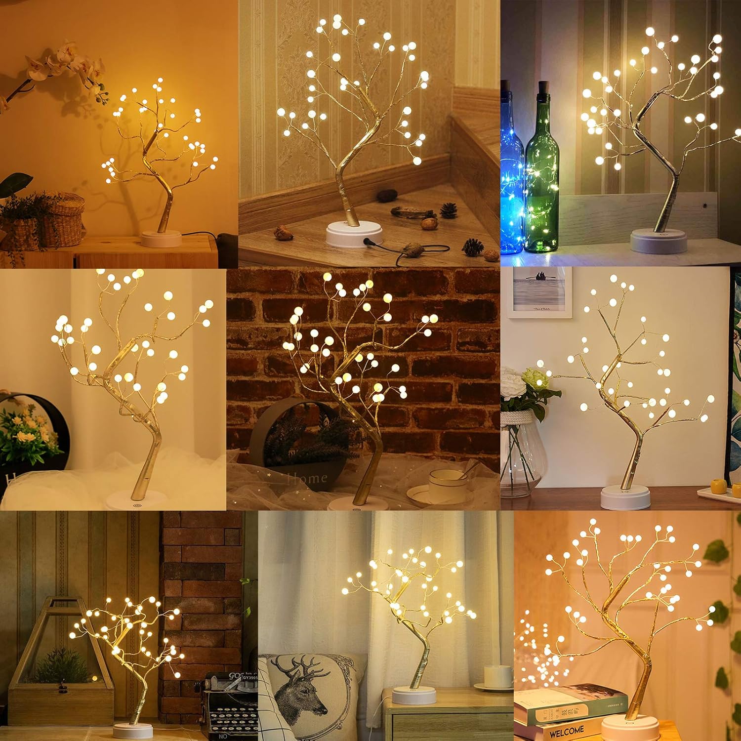 Luz LED de árbol bonsái de mesa con 36 perlas, luz artificial blanca cálida para árbol de hadas, decoración para Acción de Gracias, boda, fiesta,