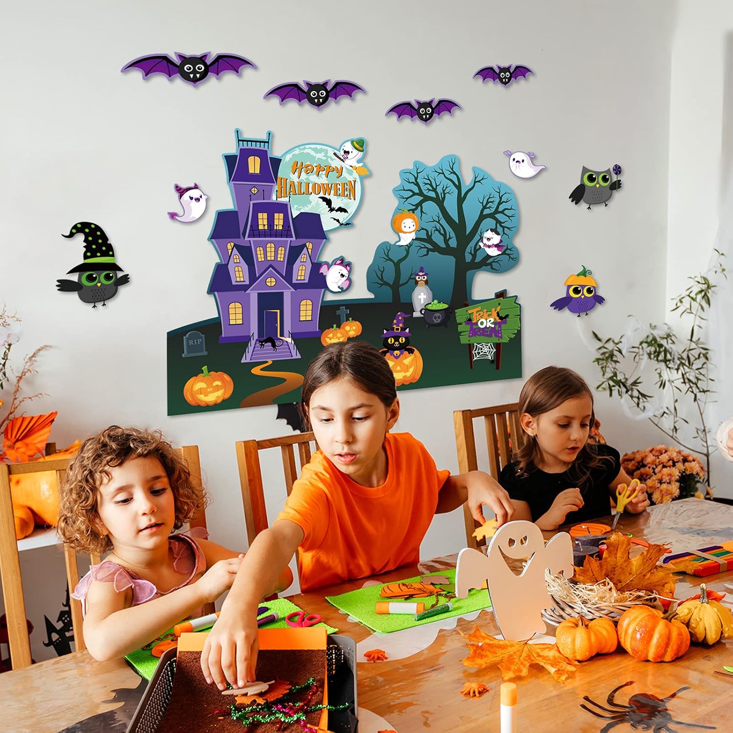 Decoración de tablero de anuncios de Halloween para el aula, recortes de papel, golosinas, calabaza, búho, gato, murciélago, bruja, fantasma,